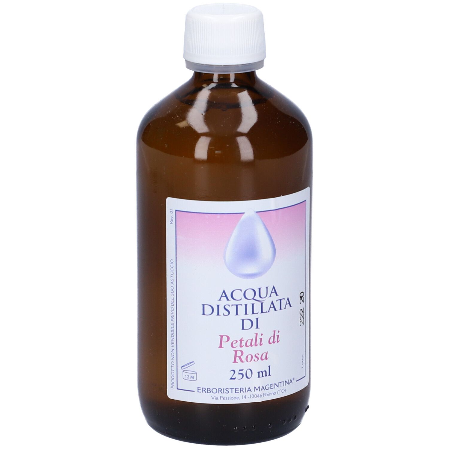 Flacone di vetro marrone con tappo bianco. Etichetta con sfumatura rosa e illustrazione a goccia. Testo: Acqua Distillata di Petali di Rosa.