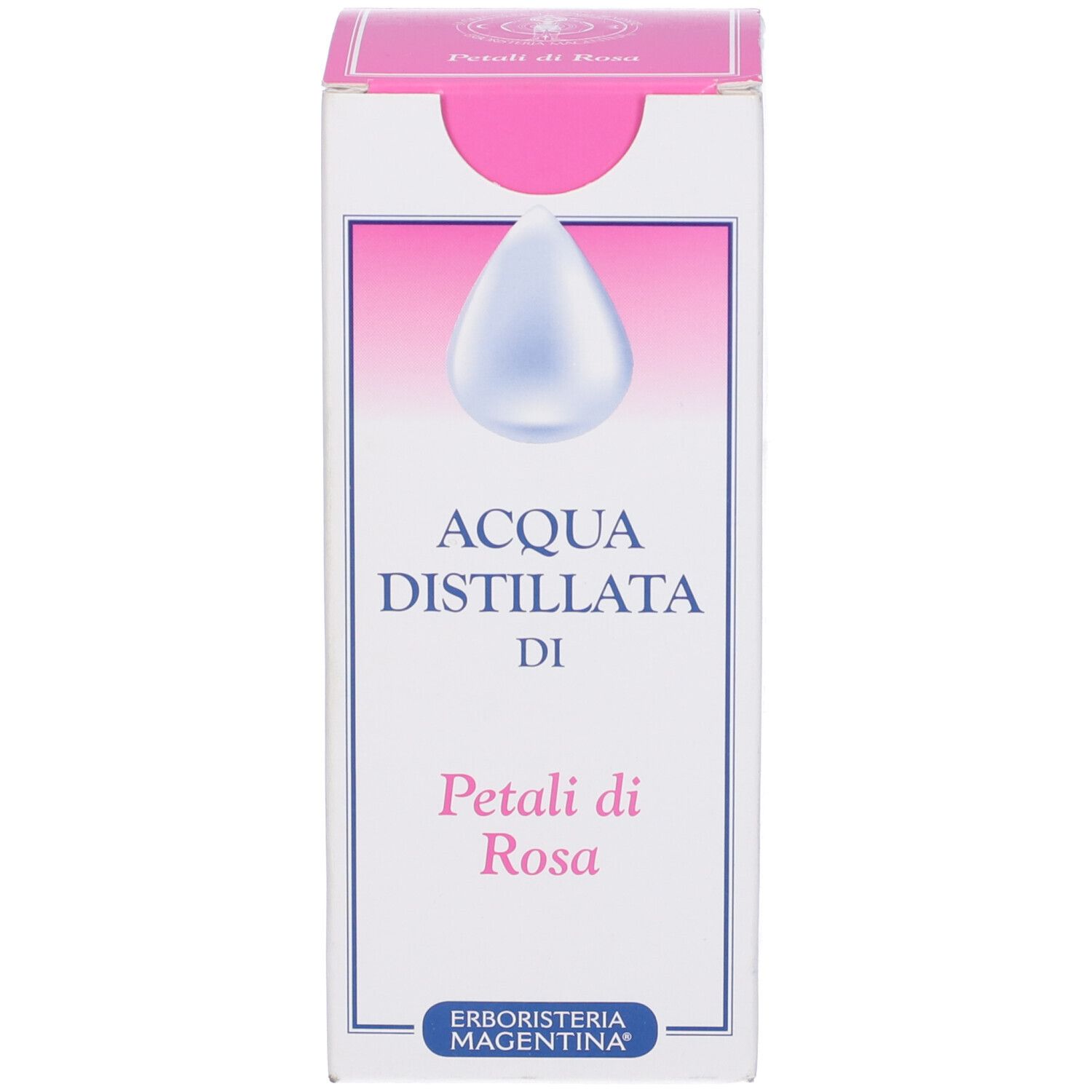 Confezione in cartone con design rosa. Testo: Acqua Distillata di Petali di Rosa. Logo: Erboristeria Magentina. Illustrazione a goccia.