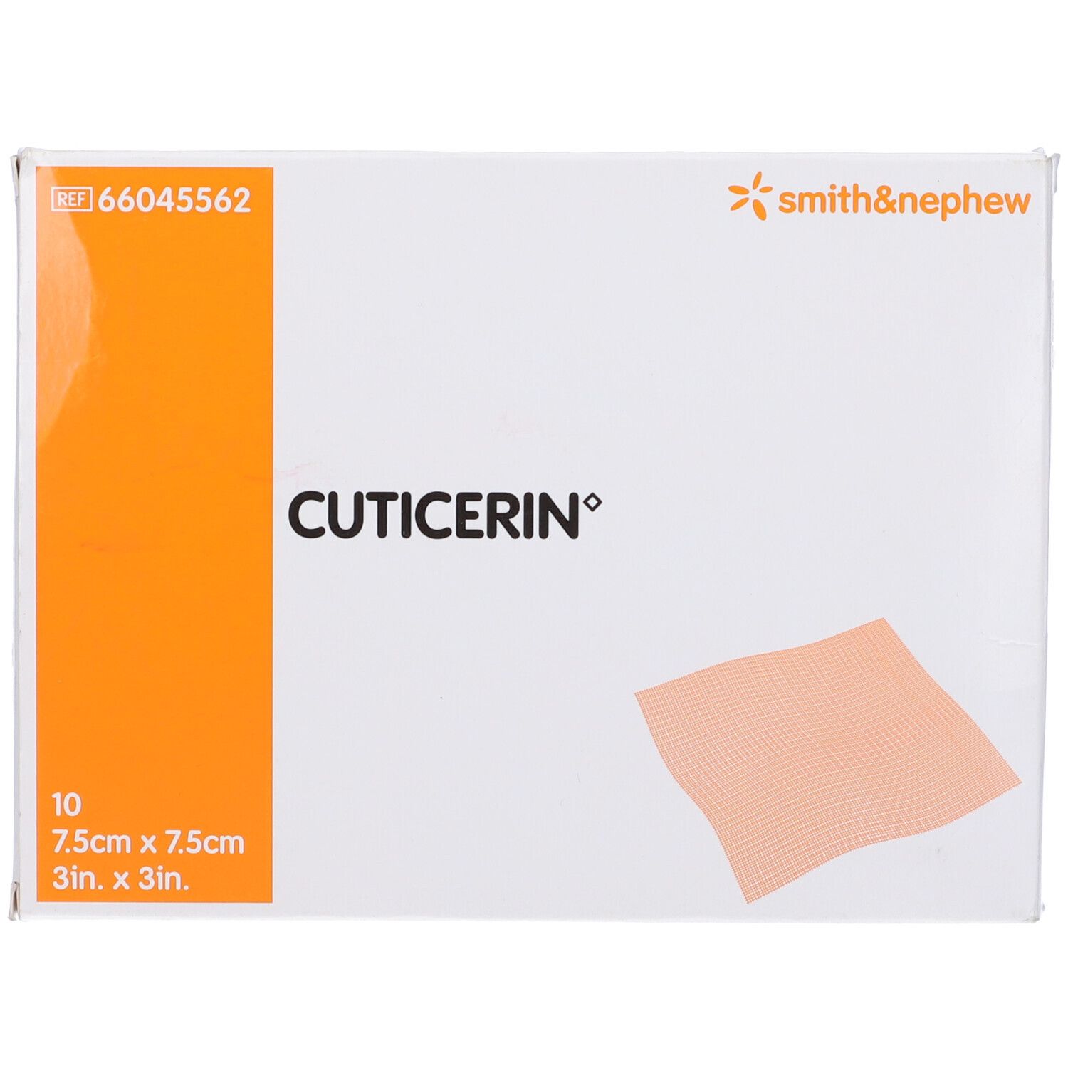 Confezione da 10 medicazioni. Compresse quadrate, 7,5x7,5cm. Striscia arancione con nome prodotto.