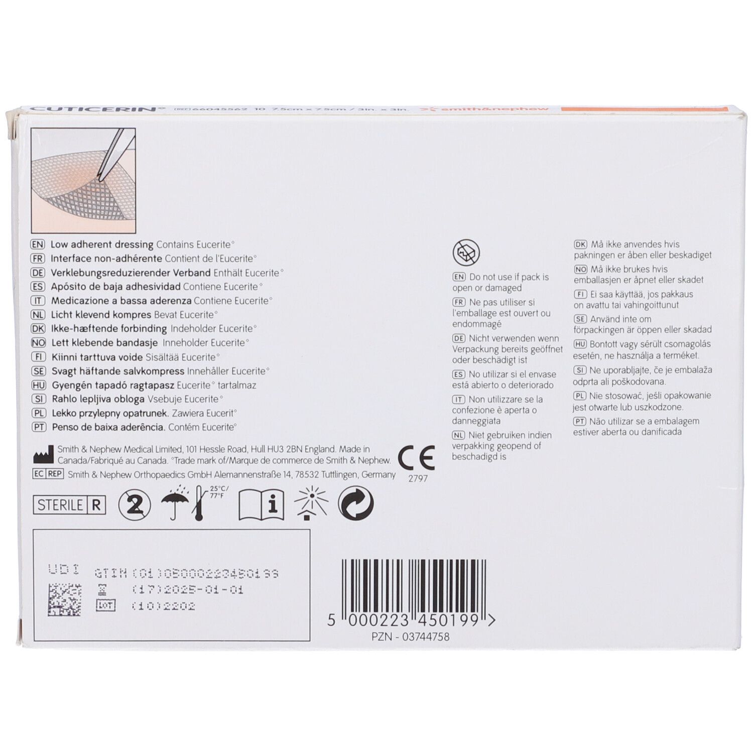 Retro della confezione. Testo multilingue. Informazioni sul produttore e certificazione.