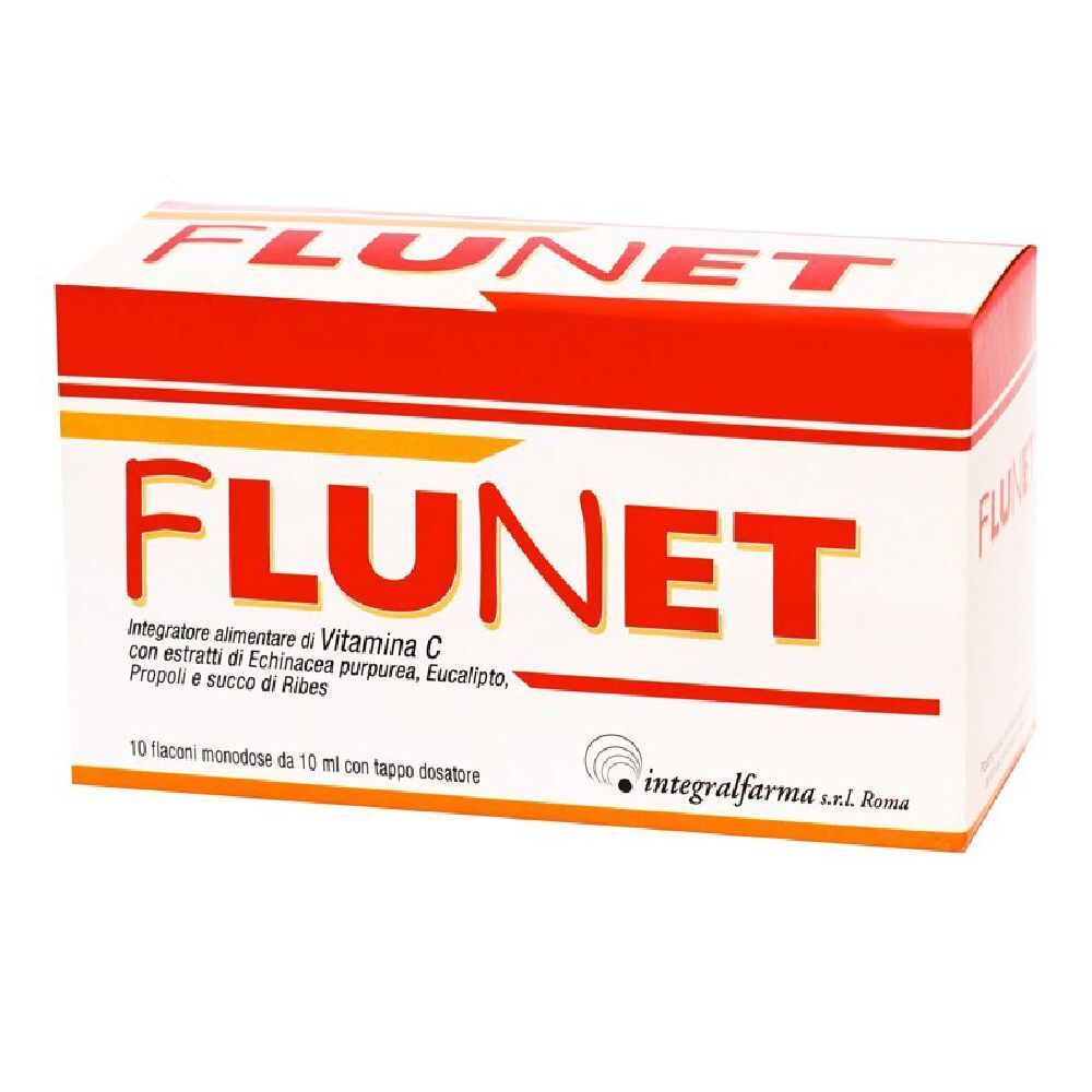 Confezione di Flunet. Scatola bianca con coperchio rosso e dettagli gialli. La scritta "FLUNET" è in evidenza.