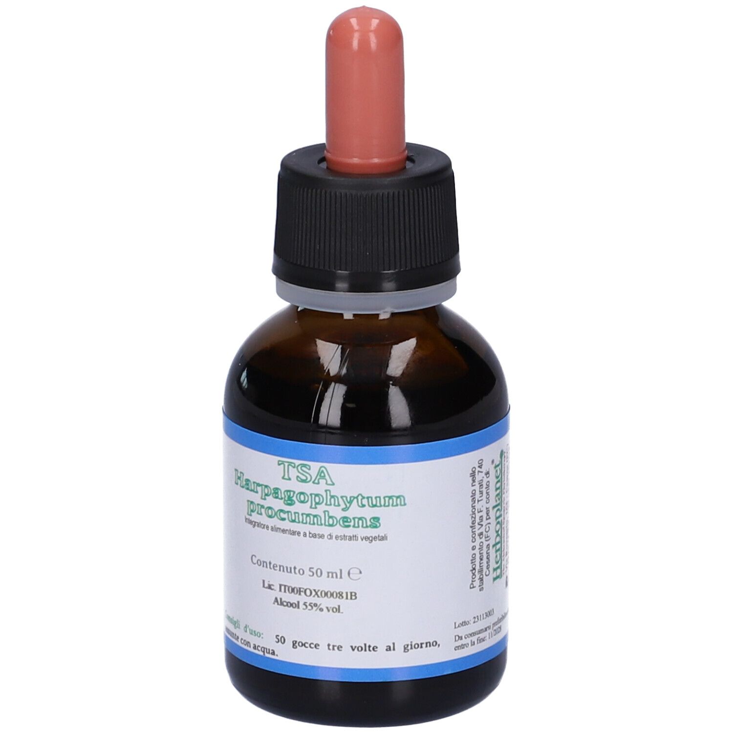 Braune Glasflasche mit Tropfer. Etikett mit Text: TSA Harpagophytum procumbens. Inhalt 50 ml.