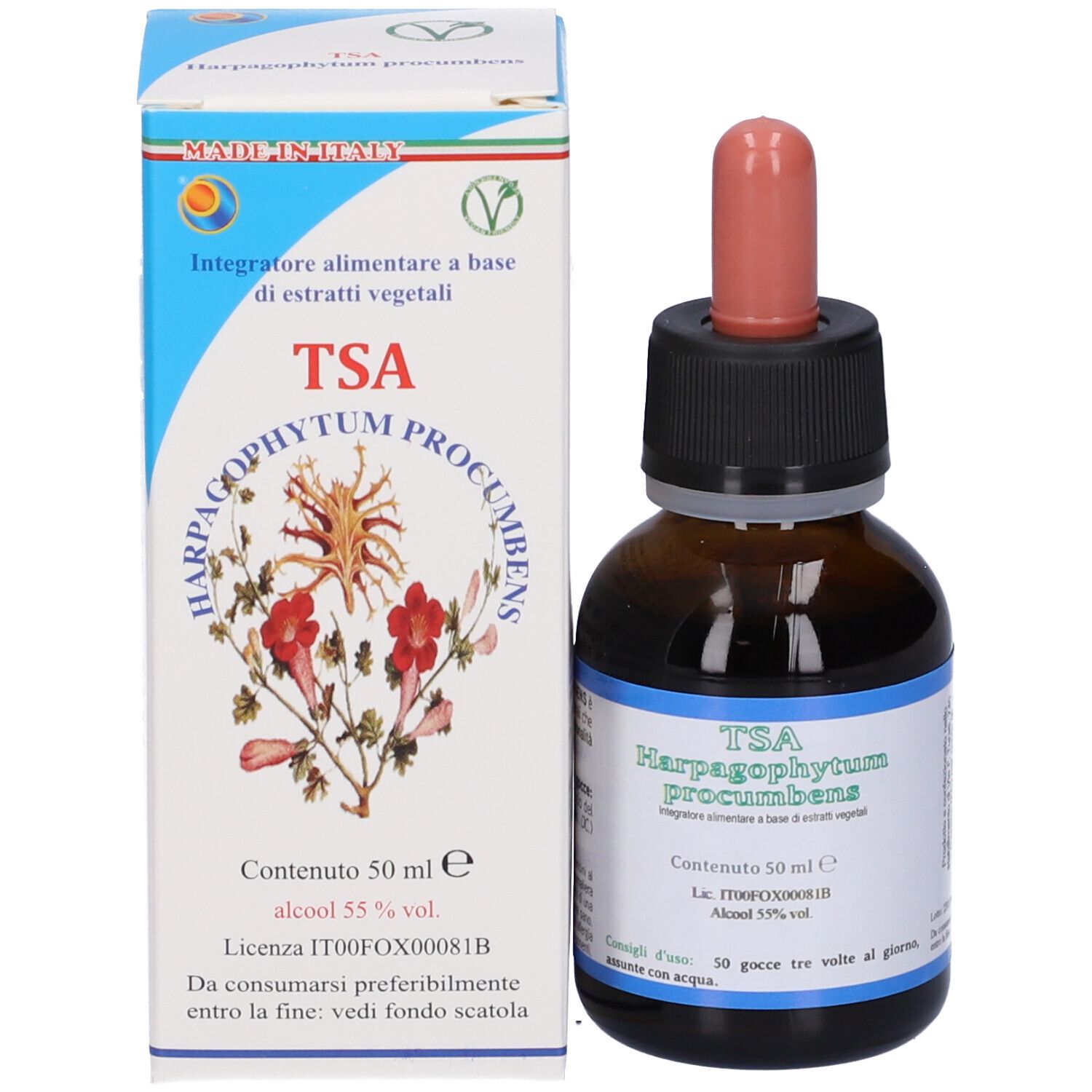 Produktflasche und Schachtel. Schachtel mit Text: TSA Harpagophytum procumbens. Inhalt 50 ml.