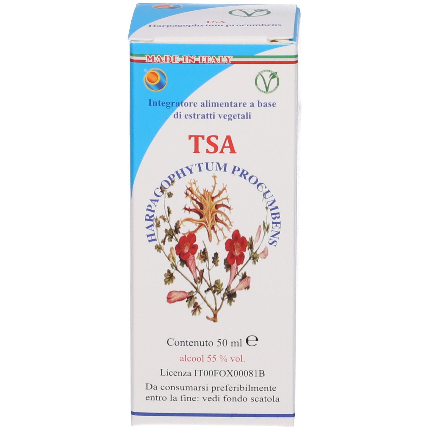 Produktverpackung. Schachtel mit Text: TSA Harpagophytum procumbens. Inhalt 50 ml.