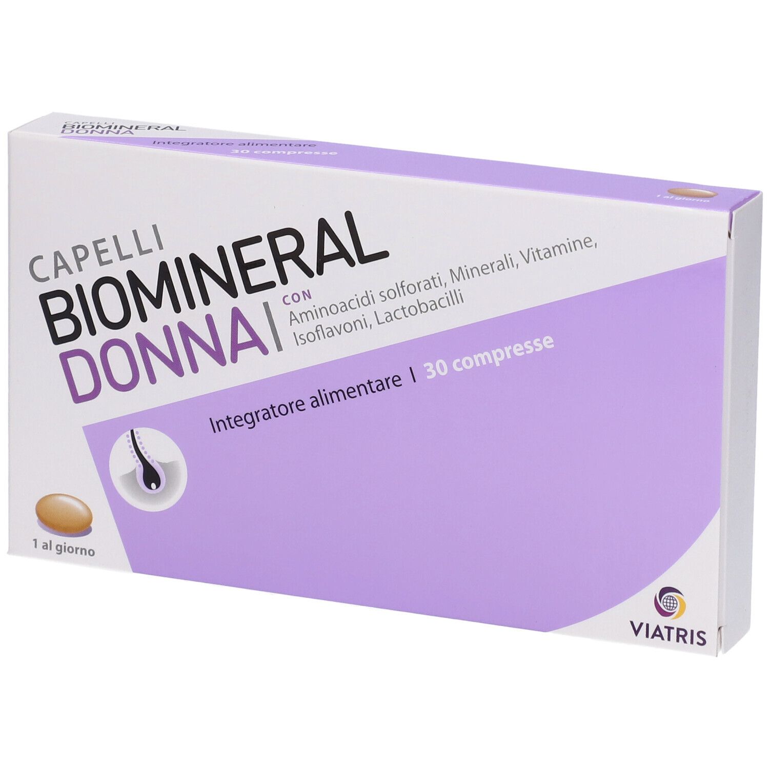 Scatola 'Capelli Biomineral Donna'. 30 compresse. Marchio Viatris. Confezione viola e bianca.