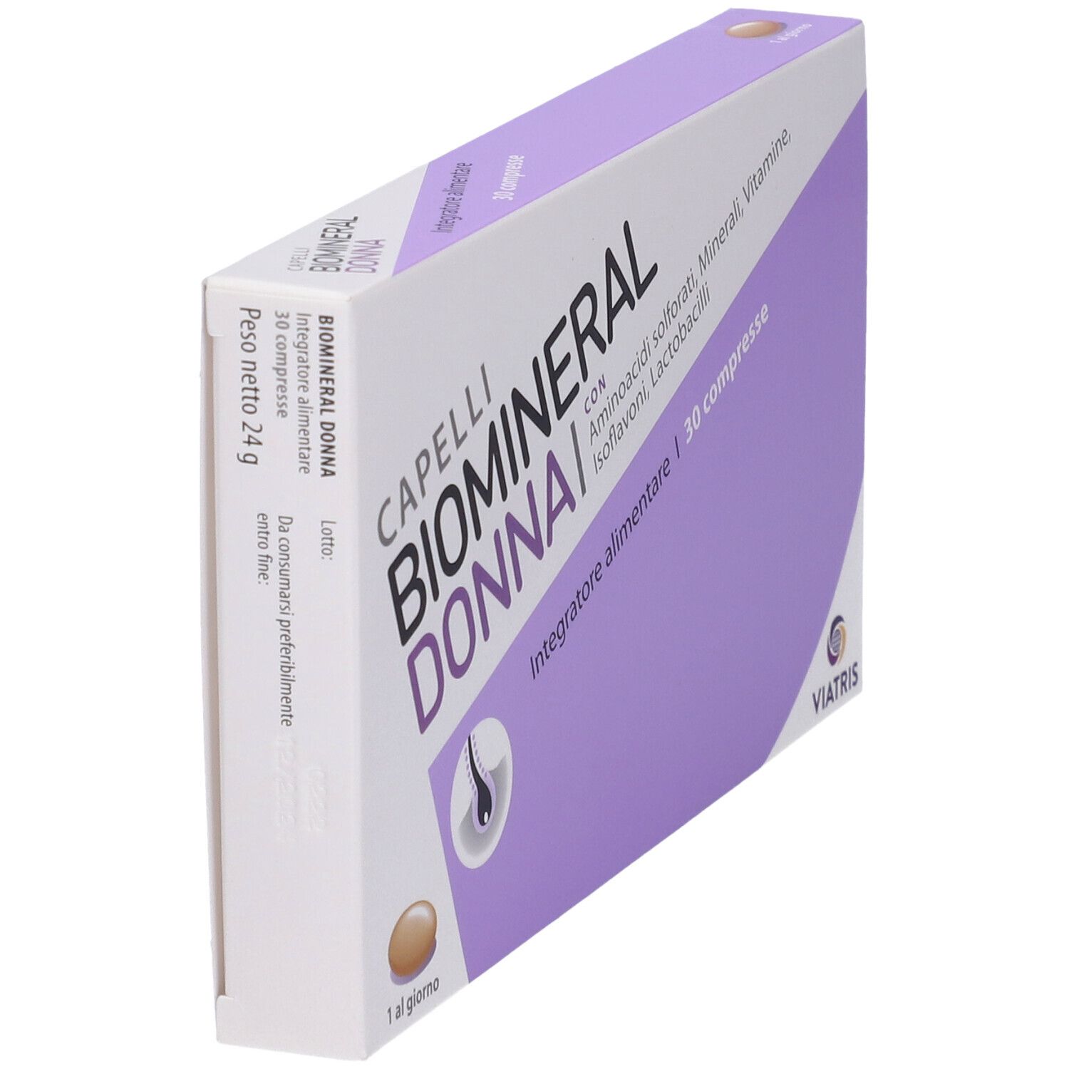 Scatola 'Capelli Biomineral Donna'. Peso netto 24g. Marchio Viatris. Vista prospettica.