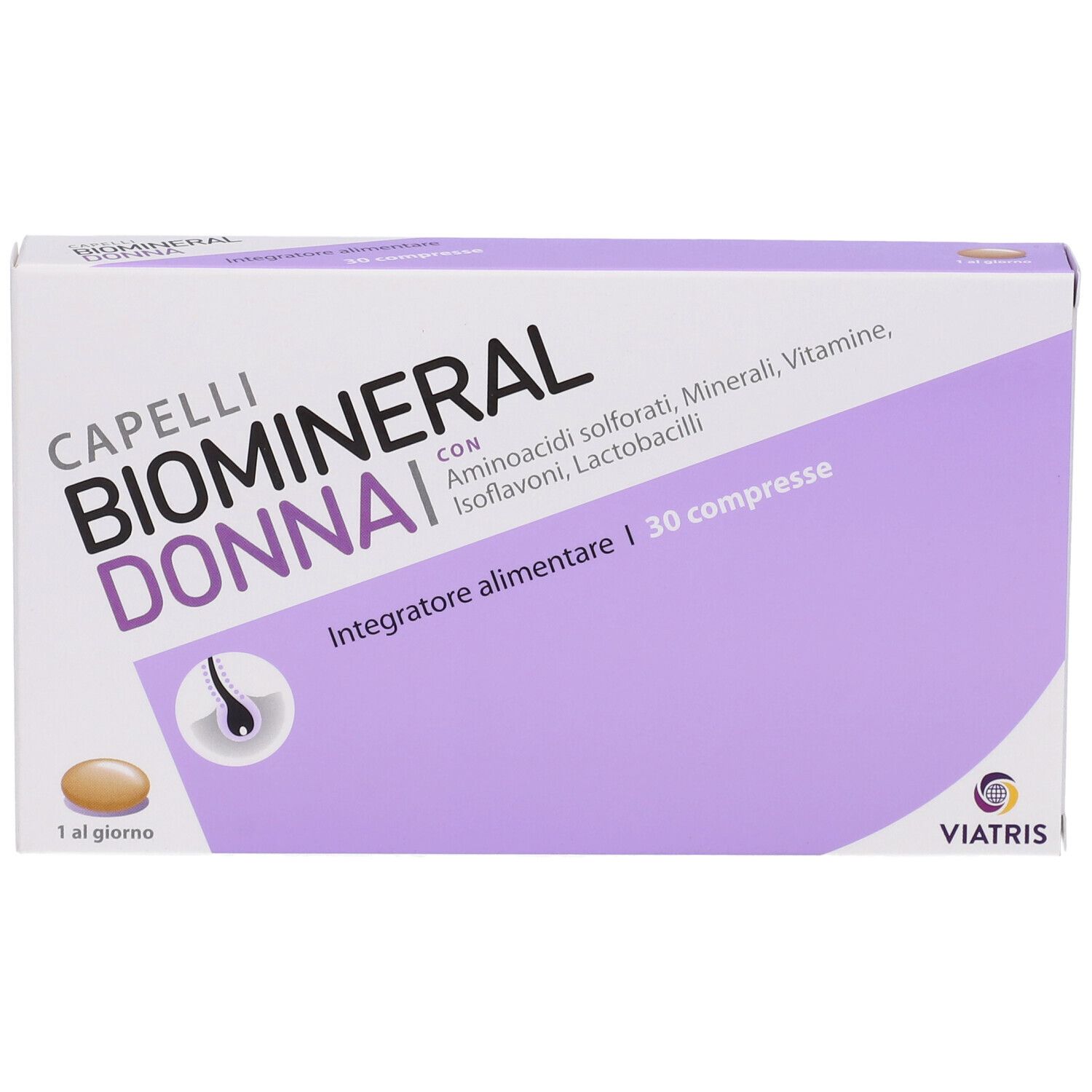 Scatola 'Capelli Biomineral Donna'. 30 compresse. Marchio Viatris. Confezione viola e bianca.