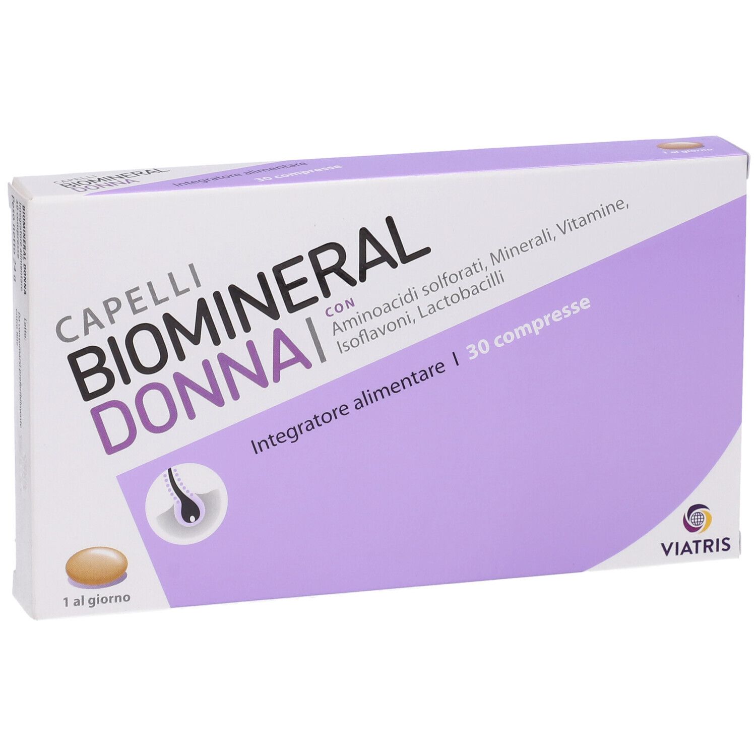 Scatola 'Capelli Biomineral Donna'. Marchio Viatris. Confezione viola e bianca.
