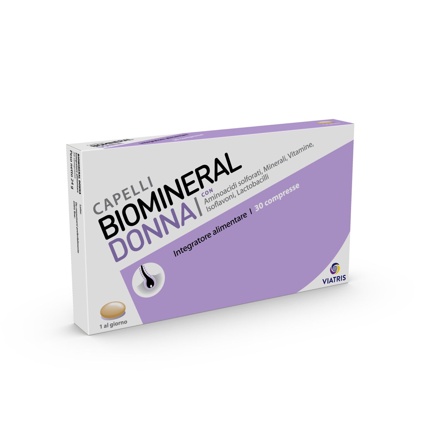 Scatola 'Capelli Biomineral Donna'. 30 compresse. Marchio Viatris. Confezione viola e bianca. Vista prospettica.