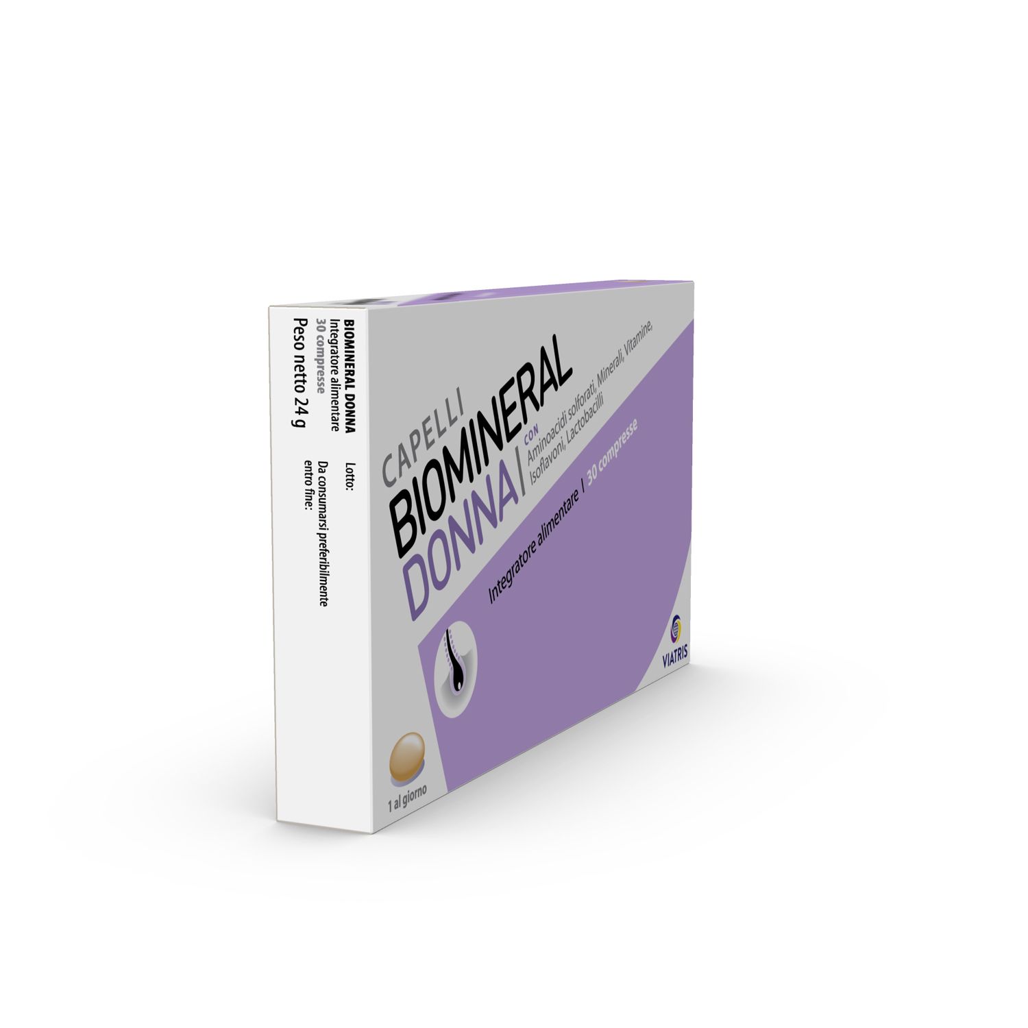 Scatola 'Capelli Biomineral Donna'. Peso netto 24g. Marchio Viatris. Confezione viola e bianca. Prospettiva.