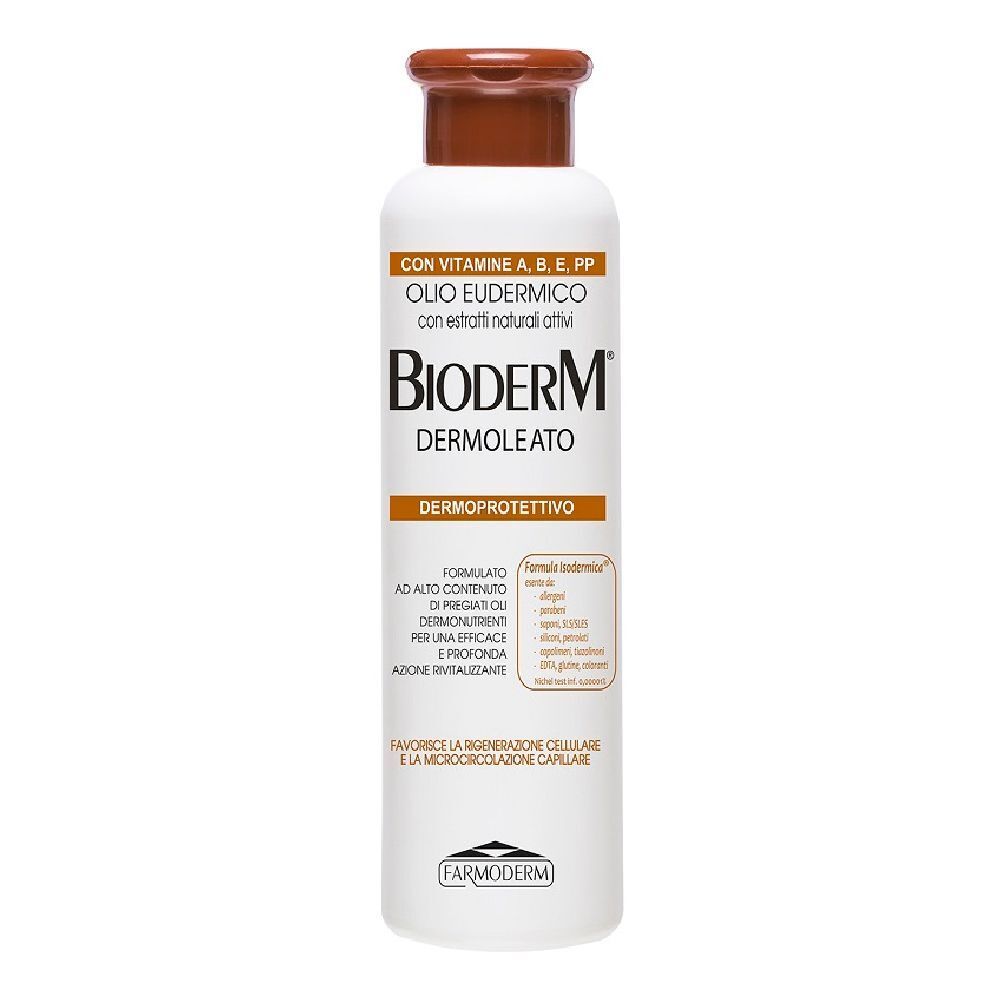 Flacone bianco con tappo marrone. Scritta: Bioderm Dermoleato Dermoprotettivo. Contiene vitamine A, B, E, PP.