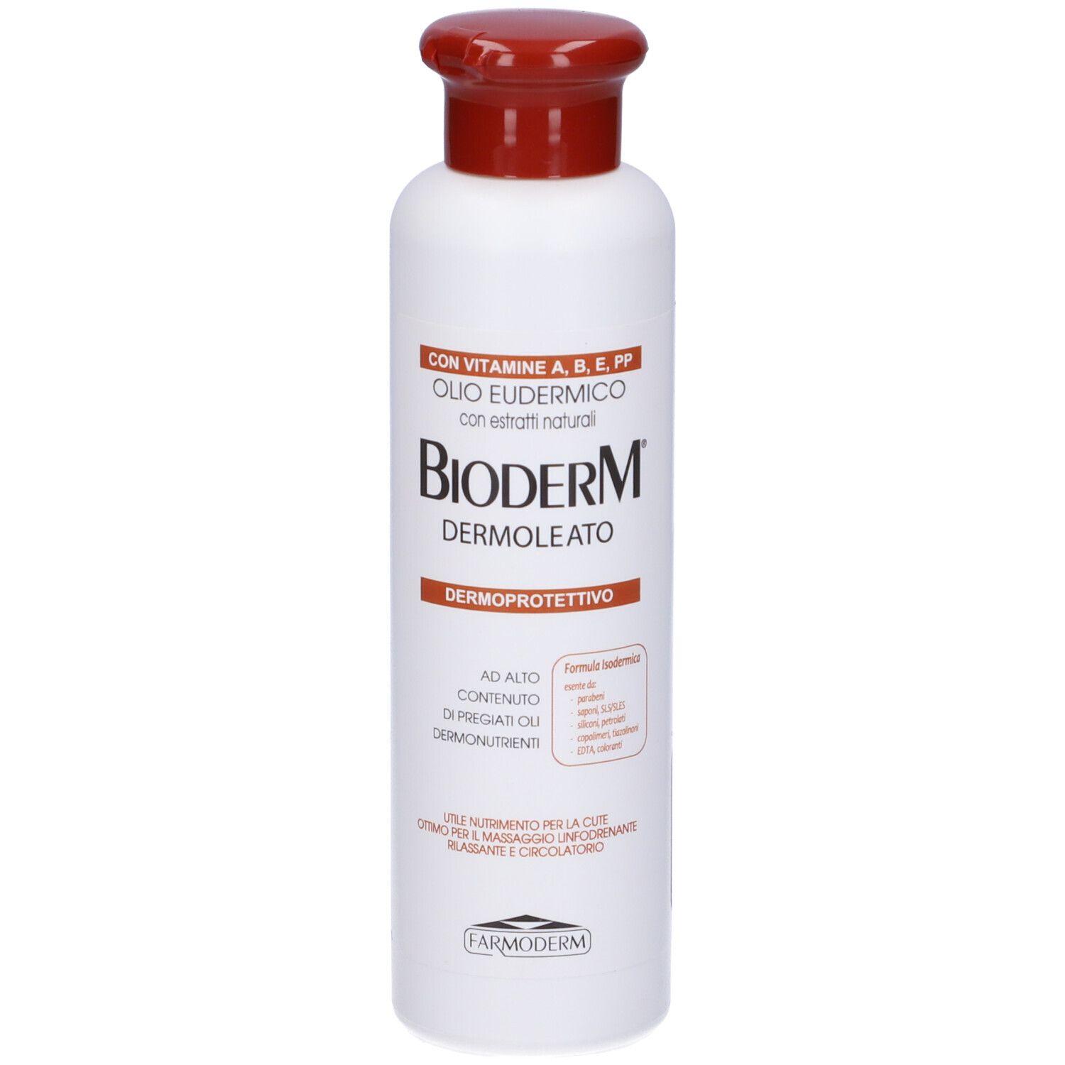 Flacone bianco con tappo rosso. Scritta: Bioderm Dermoleato Dermoprotettivo. Contiene vitamine A, B, E, PP.