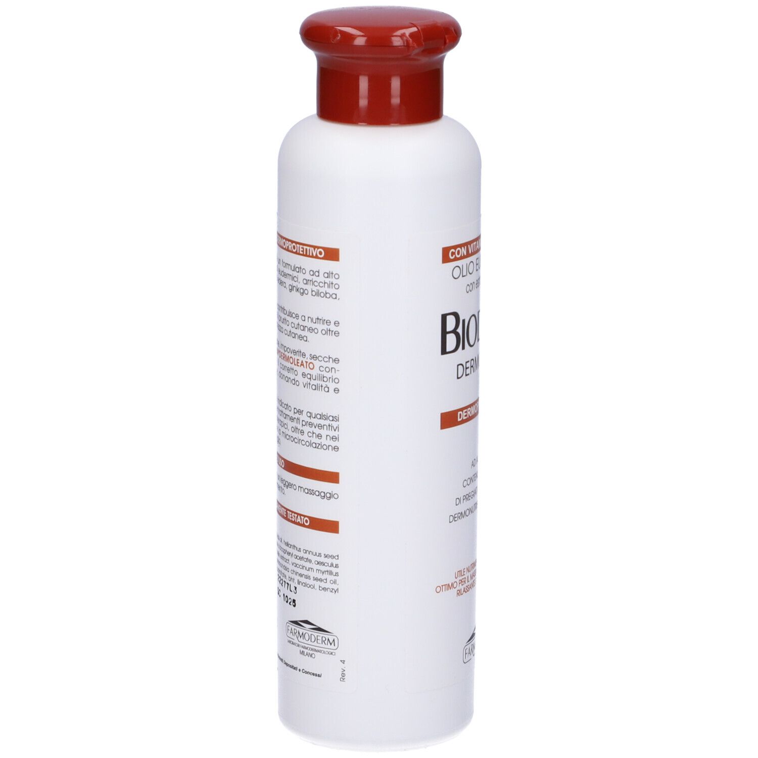Flacone bianco con tappo rosso. Scritta: Bioderm Dermoleato Dermoprotettivo. Informazioni prodotto sul retro.