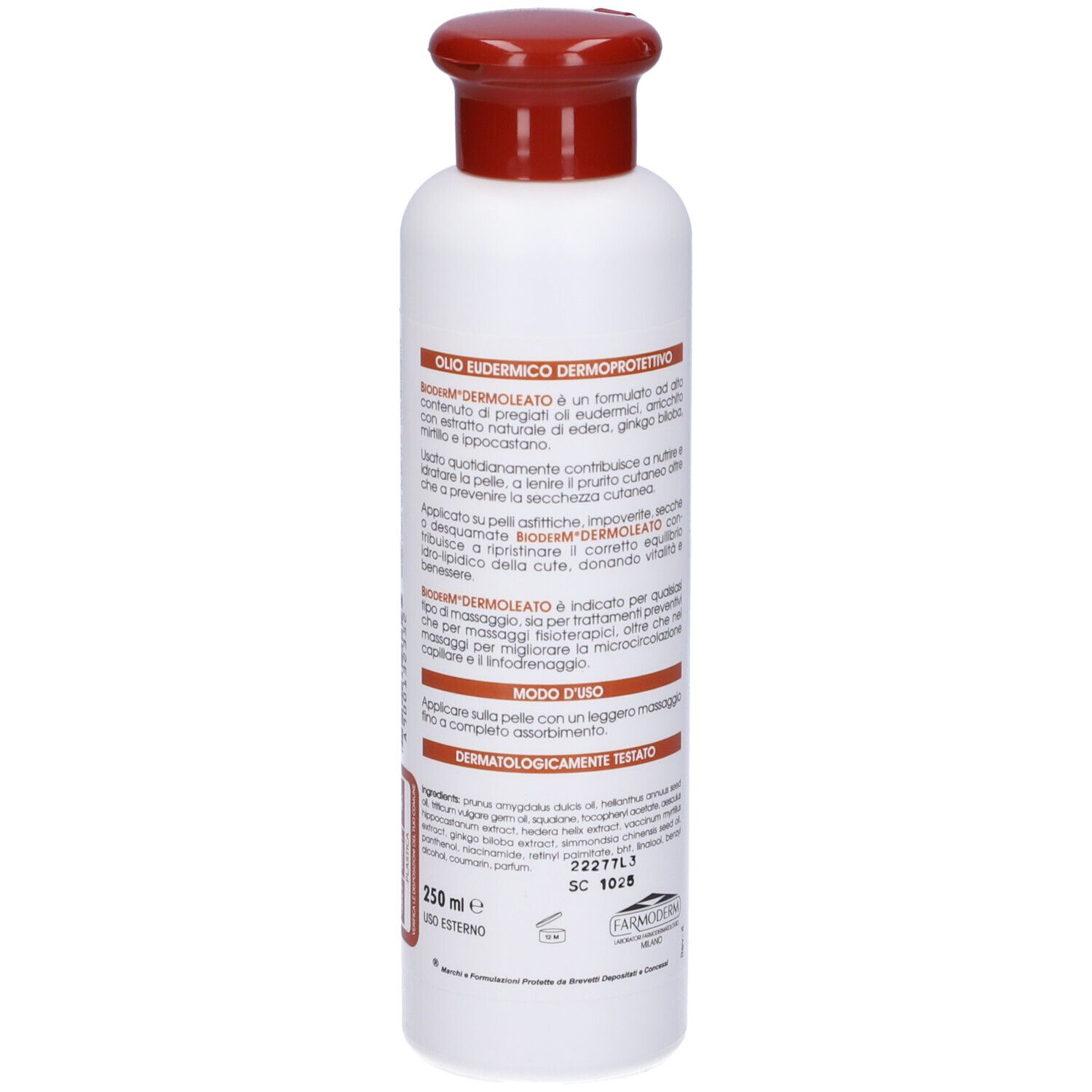 Flacone bianco con tappo rosso. Scritta: Bioderm Dermoleato Dermoprotettivo. Informazioni prodotto sul retro.