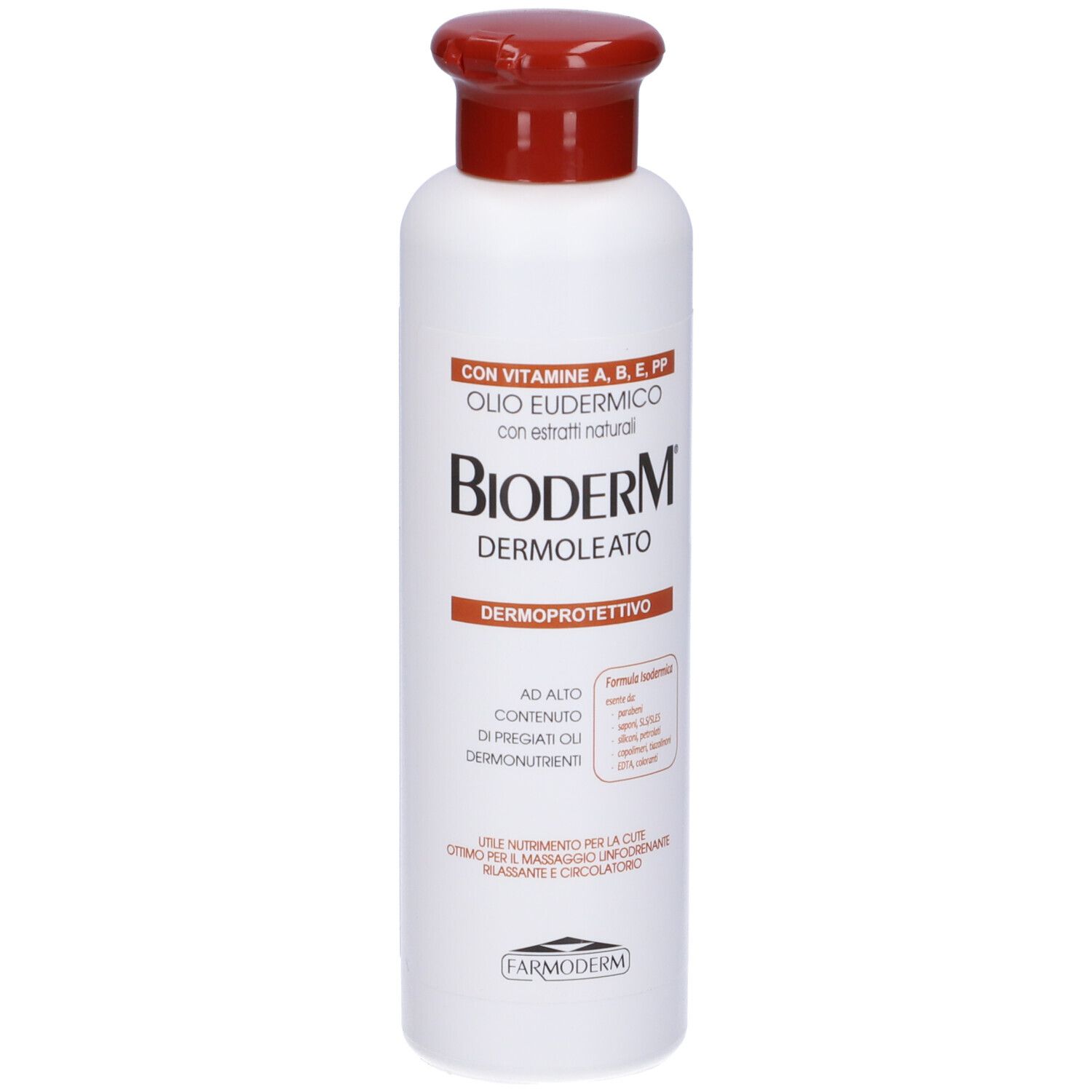 Flacone bianco con tappo rosso. Scritta: Bioderm Dermoleato Dermoprotettivo. Contiene vitamine A, B, E, PP.