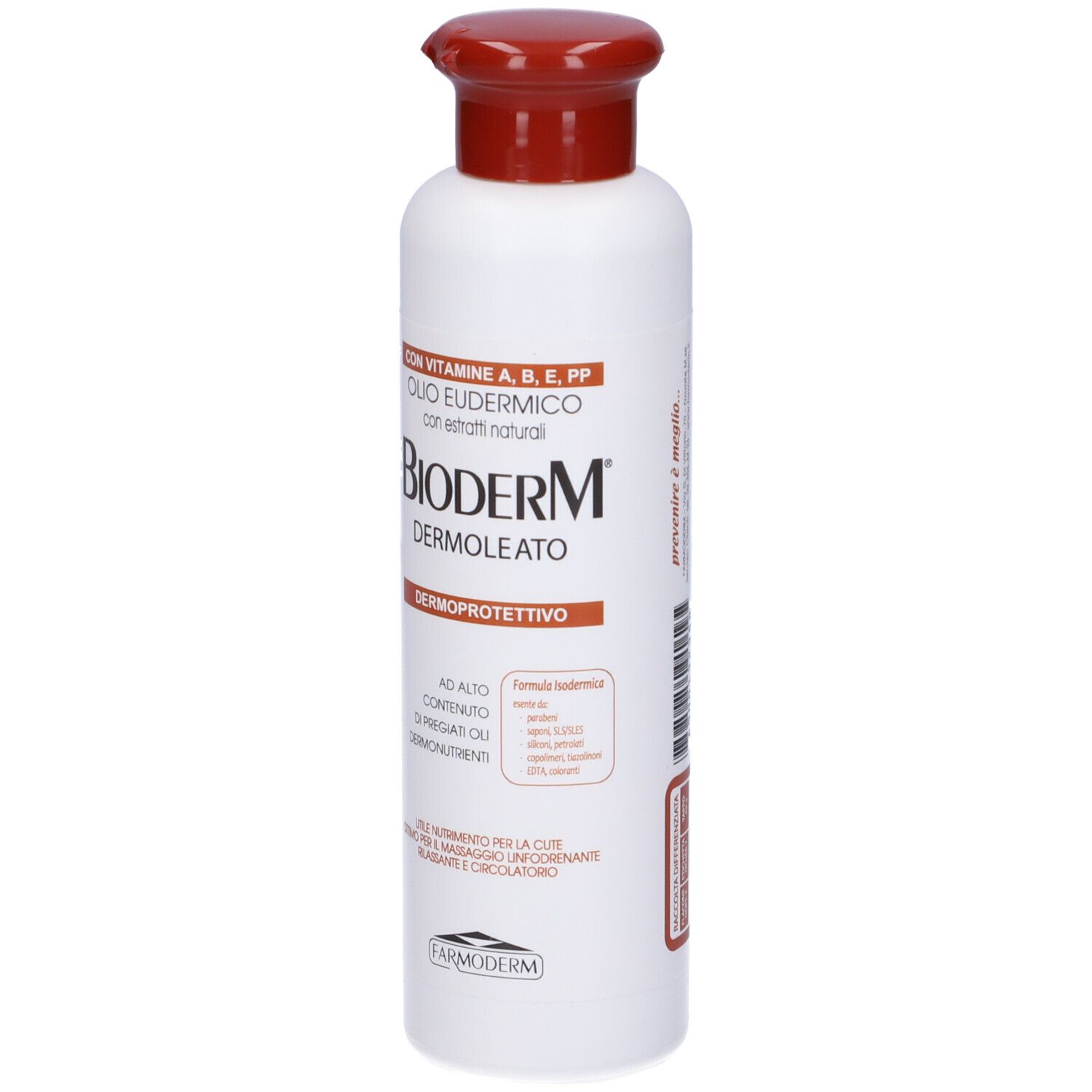 Flacone bianco con tappo rosso. Scritta: Bioderm Dermoleato Dermoprotettivo. Contiene vitamine A, B, E, PP.
