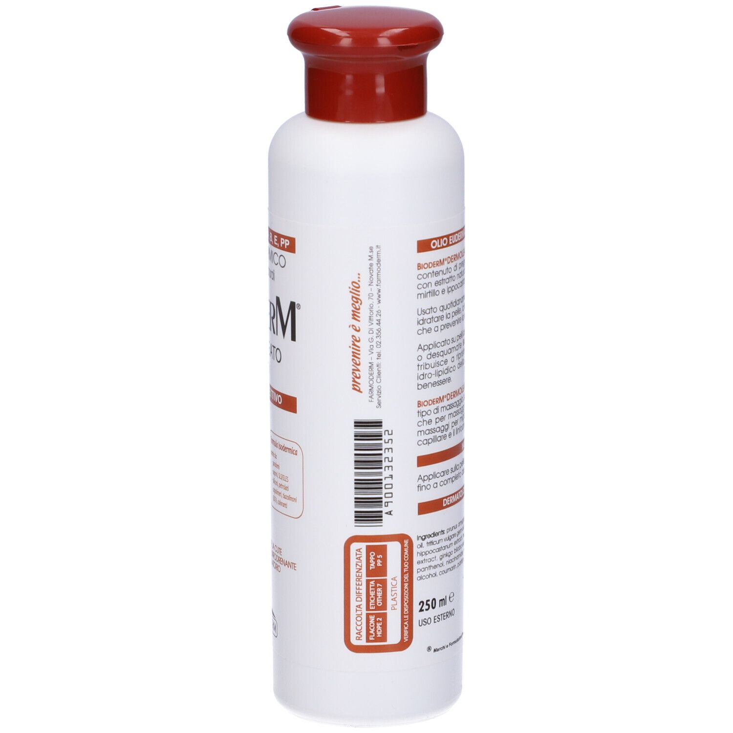 Flacone bianco con tappo rosso. Scritta: Bioderm Dermoleato Dermoprotettivo. Informazioni prodotto e codice a barre.