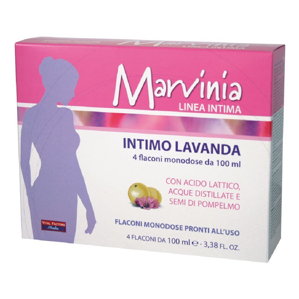 Confezione Marvinia, rosa e bianca, con silhouette femminile. Testo: Intimo Lavanda, 4 flaconi. Ingredienti visibili.