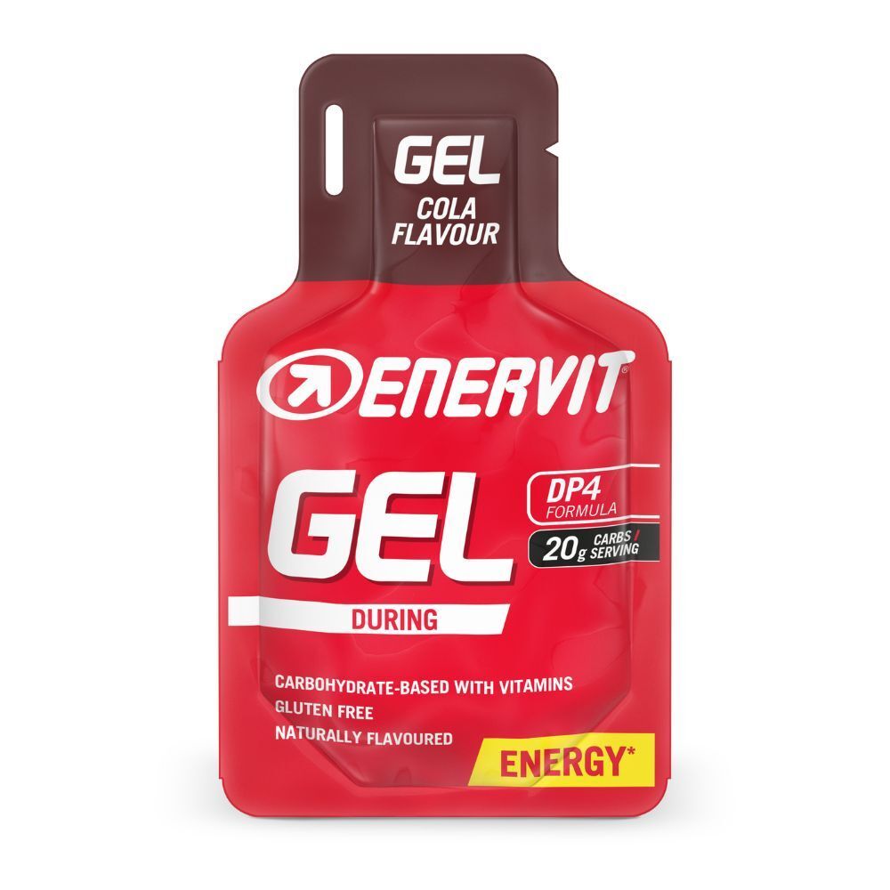 Sachet de gel rouge avec fermeture marron. Contient ENERVIT GEL Cola Flavour. Texte : À base de glucides, sans gluten, arôme naturel.