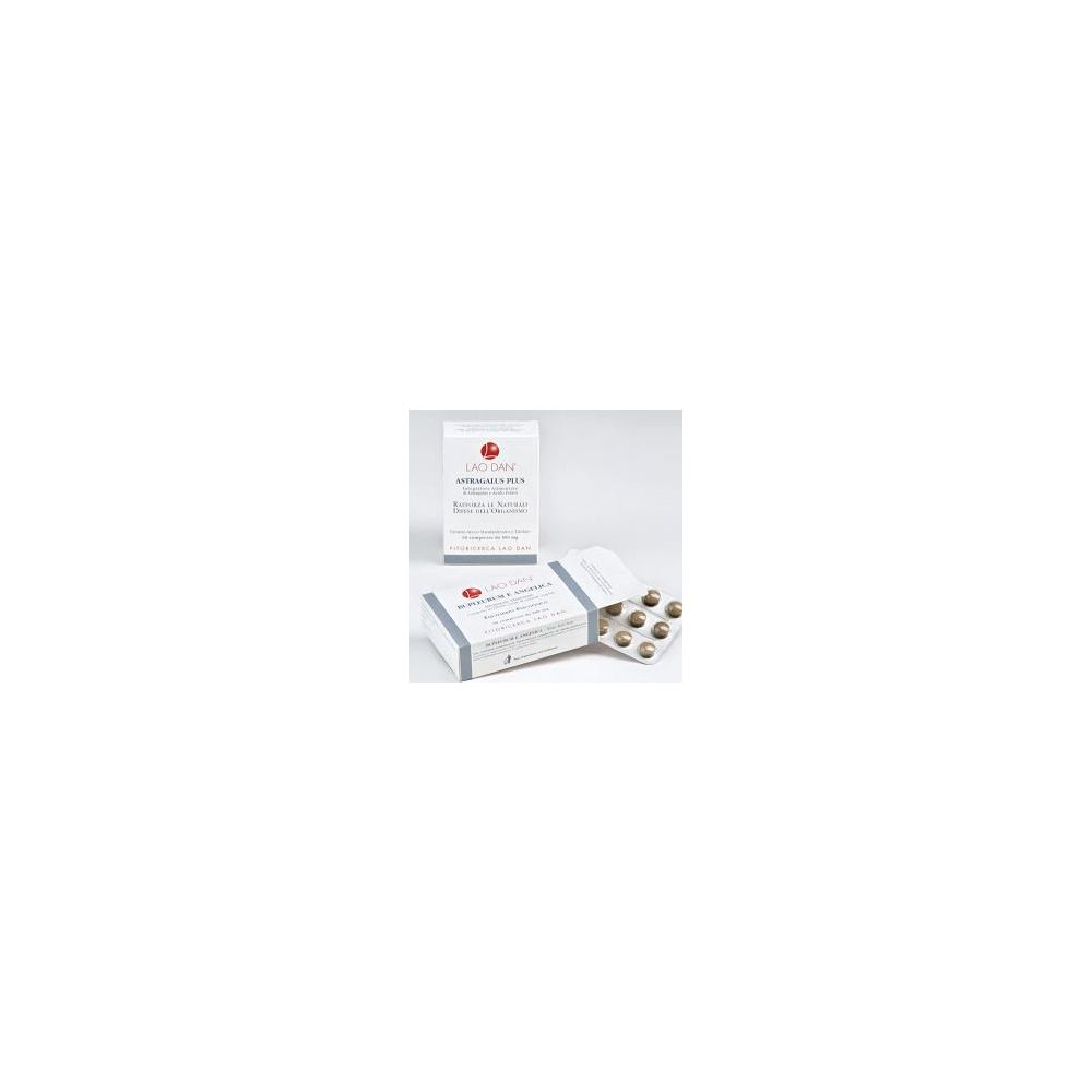 Confezione con capsule e blister. Scritta: Astragalus Plus. Marchio: Lao Dan.