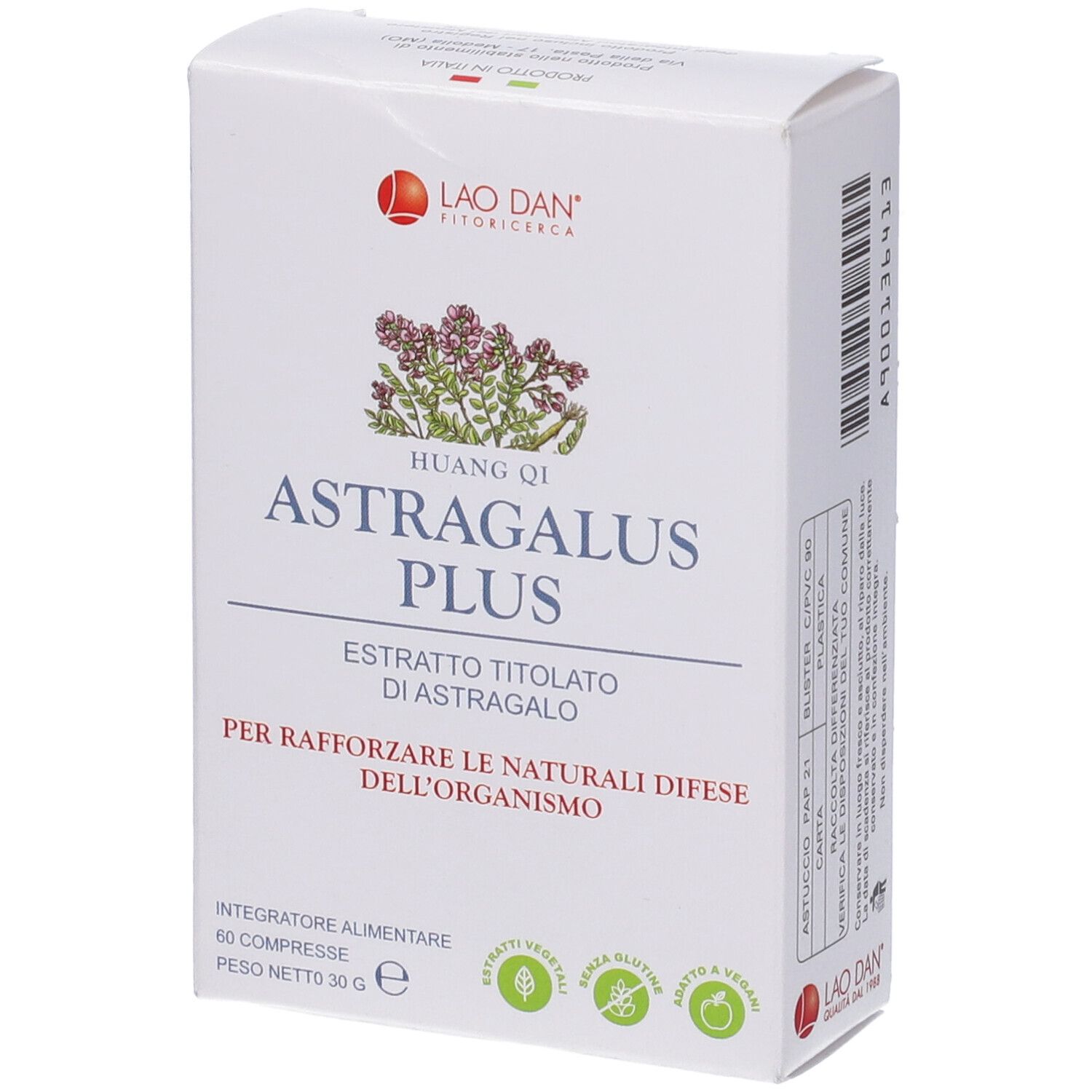 Scatola bianca con scritta Astragalus Plus. Marchio: Lao Dan. Logo con fiore. 60 compresse.