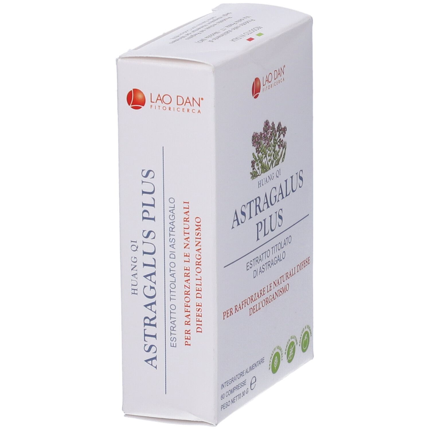 Scatola bianca con scritta Astragalus Plus. Marchio: Lao Dan. Logo con fiore. 60 compresse.