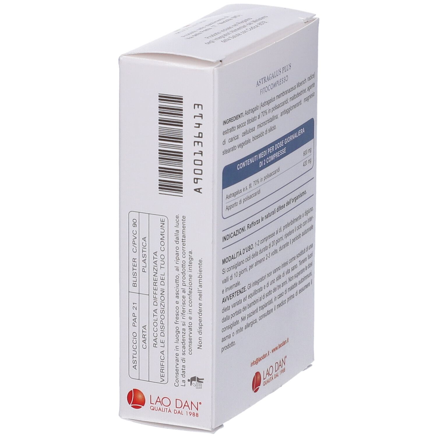 Scatola bianca con scritta Astragalus Plus. Marchio: Lao Dan. Retro con informazioni sugli ingredienti.