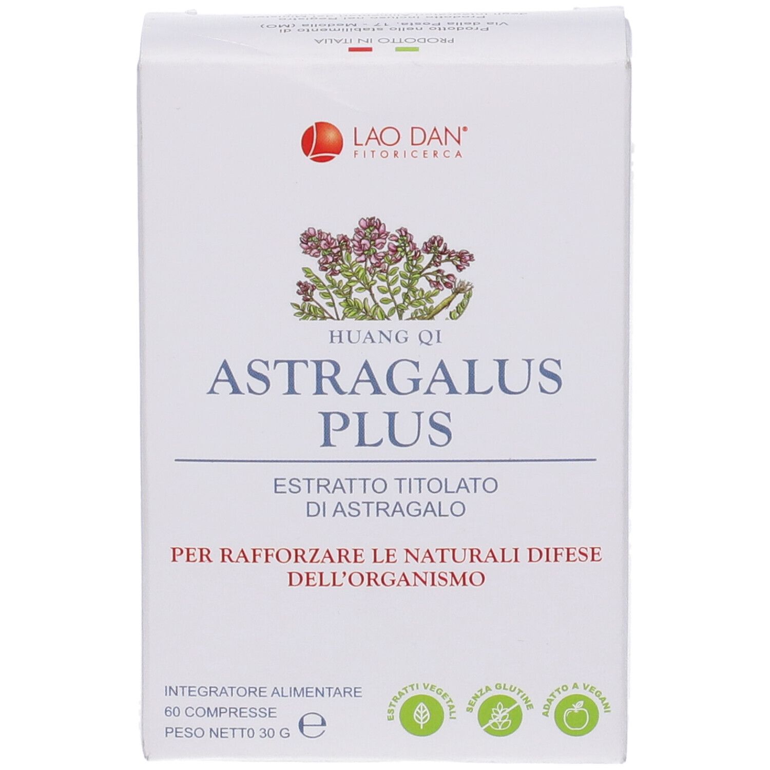 Scatola bianca con scritta Astragalus Plus. Marchio: Lao Dan. Logo con fiore. 60 compresse.
