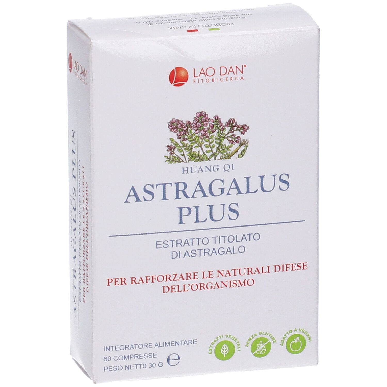 Scatola bianca con scritta Astragalus Plus. Marchio: Lao Dan. Logo con fiore. 60 compresse.
