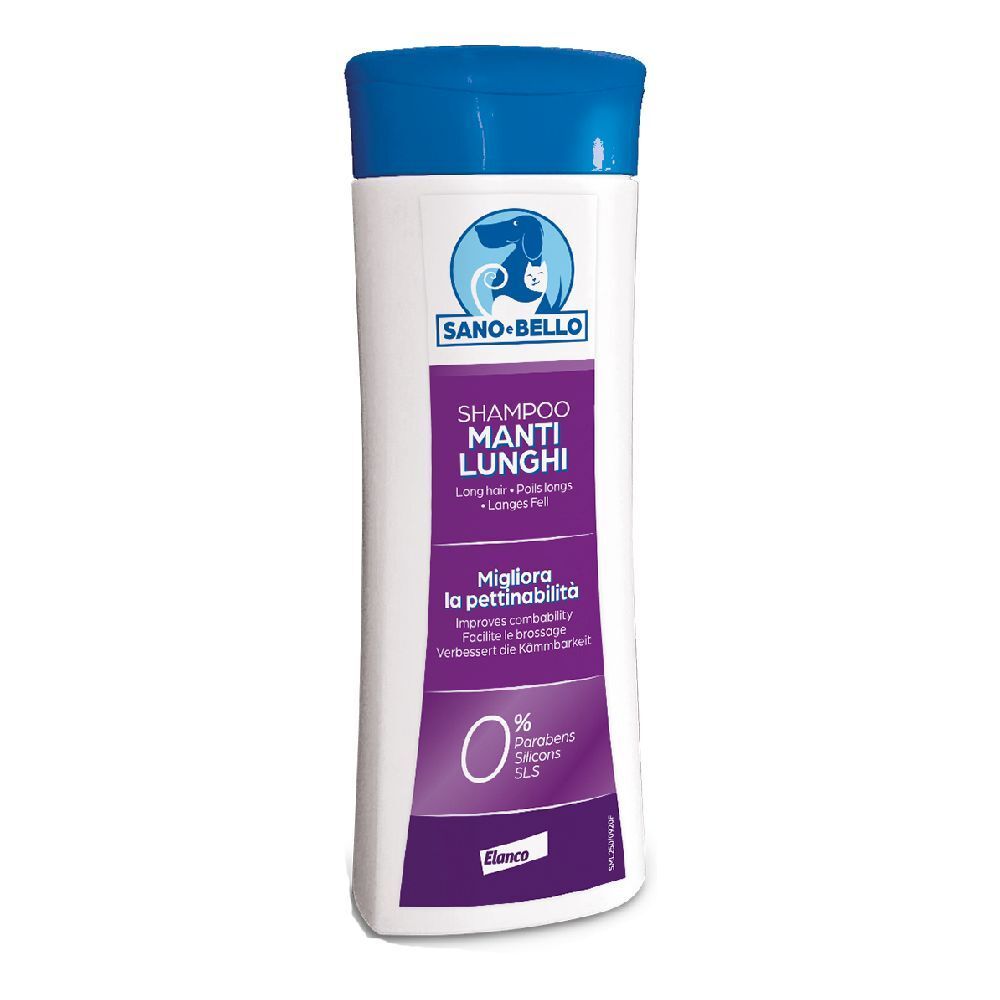 Shampoo bianco con tappo blu. Scritta: Sano+Bello, Shampoo Manti Lunghi. Migliora la pettinabilità. 0% parabeni, siliconi, SLS.