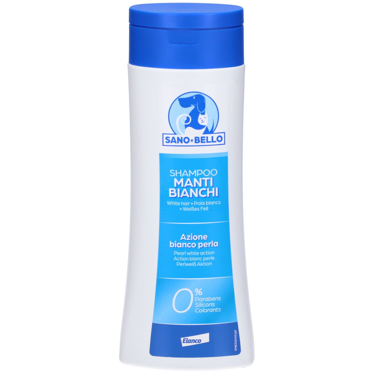 Shampoo bianco con tappo blu. Scritta: Sano+Bello, Shampoo Manti Bianchi. Azione bianco perla. 0% parabeni, coloranti.
