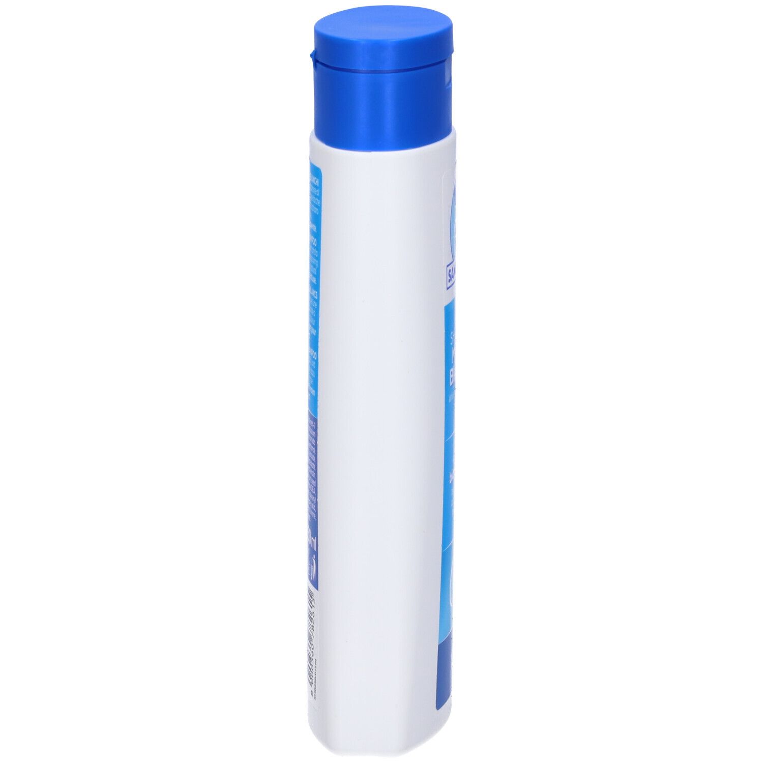 Vista laterale dello shampoo bianco con tappo blu. Testo sul retro. Marchio Sano+Bello.