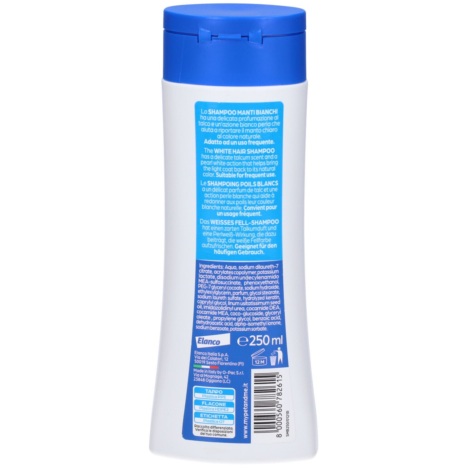 Retro dello shampoo bianco con tappo blu. Testo e ingredienti. Marchio Sano+Bello.