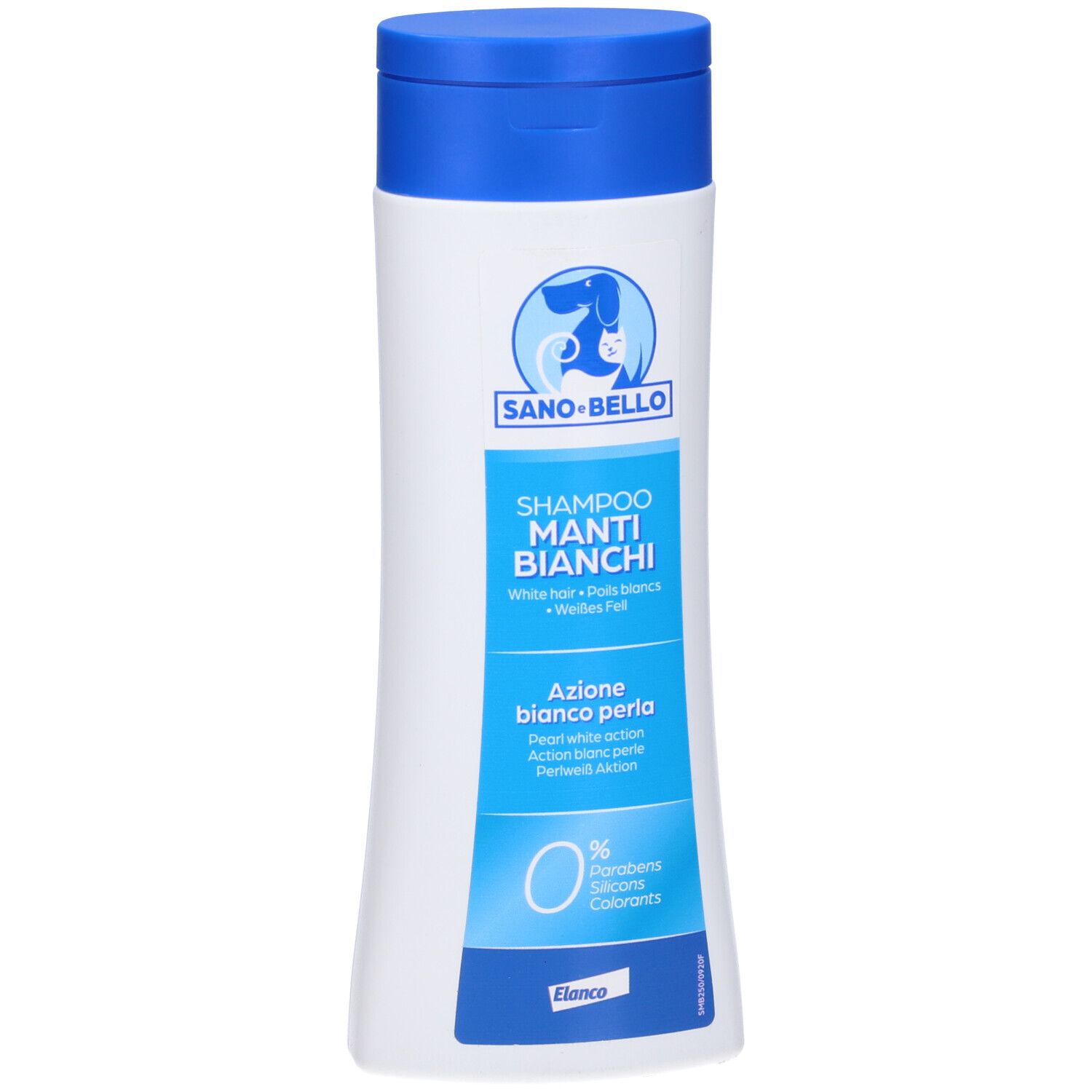 Shampoo bianco con tappo blu. Scritta: Sano+Bello, Shampoo Manti Bianchi. Azione bianco perla. 0% parabeni, coloranti.
