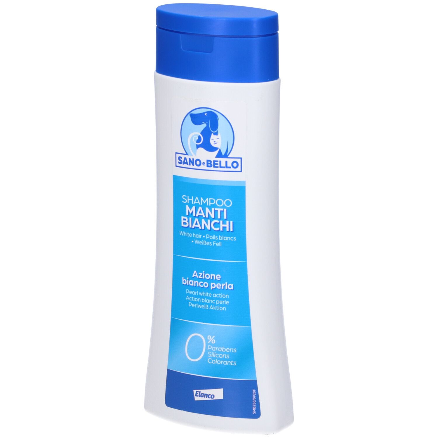 Shampoo bianco con tappo blu. Scritta: Sano+Bello, Shampoo Manti Bianchi. Azione bianco perla. 0% parabeni, coloranti.
