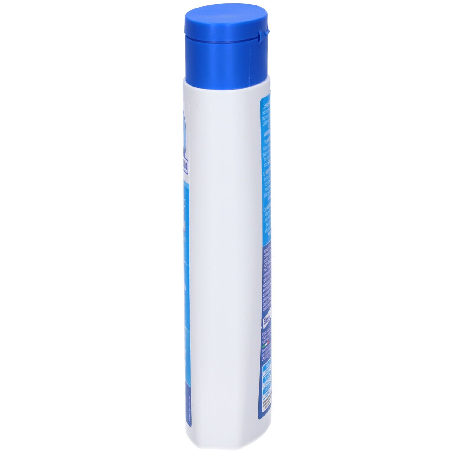 Vista laterale dello shampoo bianco con tappo blu. Testo sul retro. Marchio Sano+Bello.