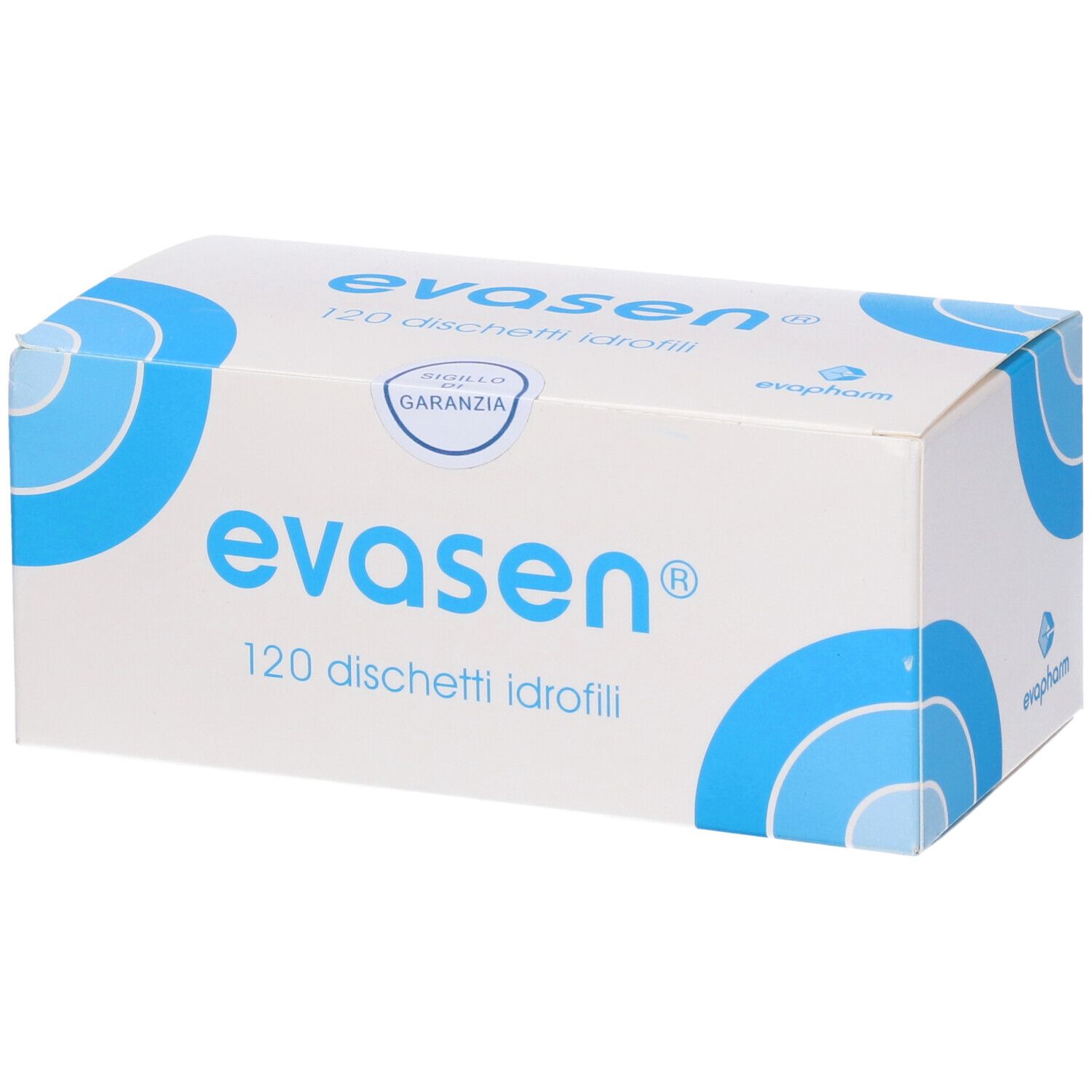 Scatola bianca con design blu. Scritto "evasen" e "120 dischetti idrofili".