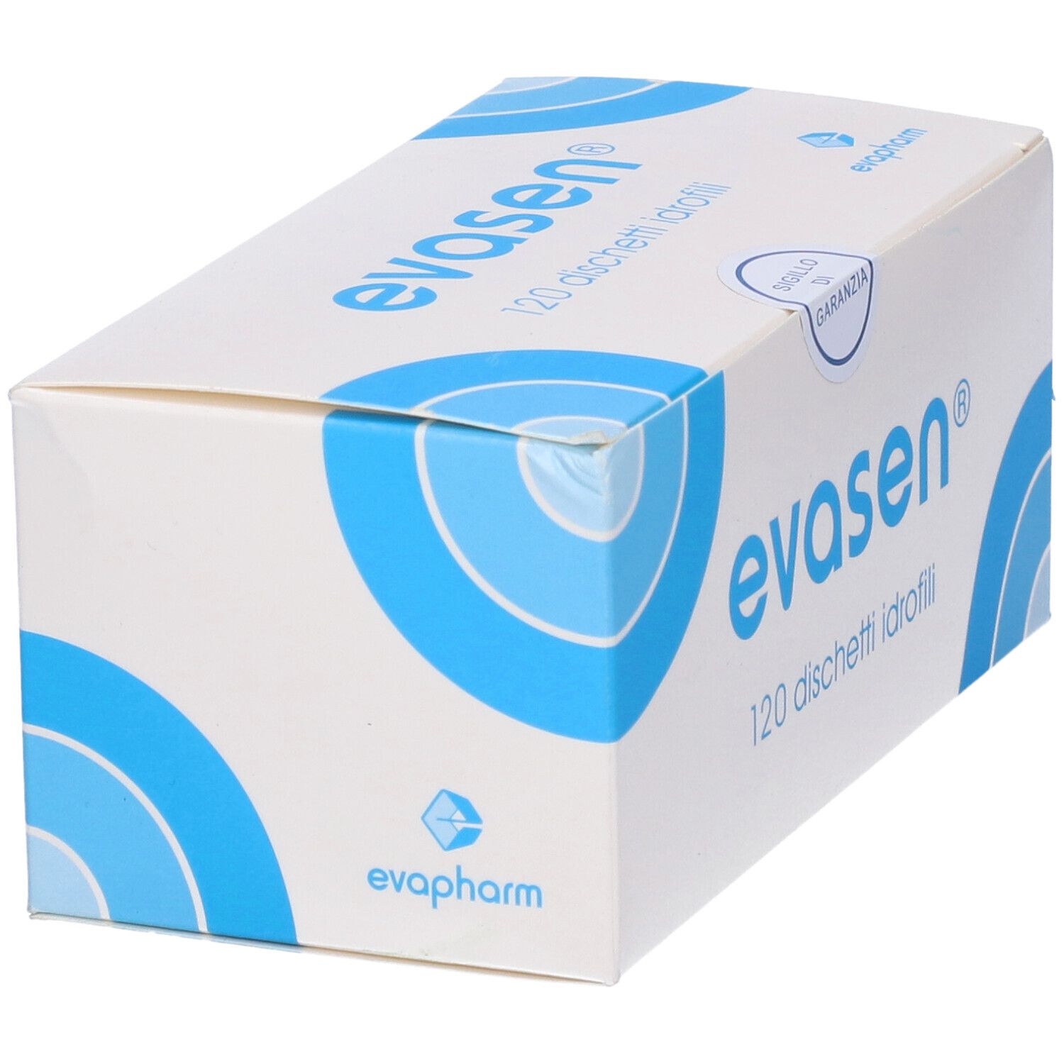Scatola bianca con design blu. Scritto "evasen" e "120 dischetti idrofili".