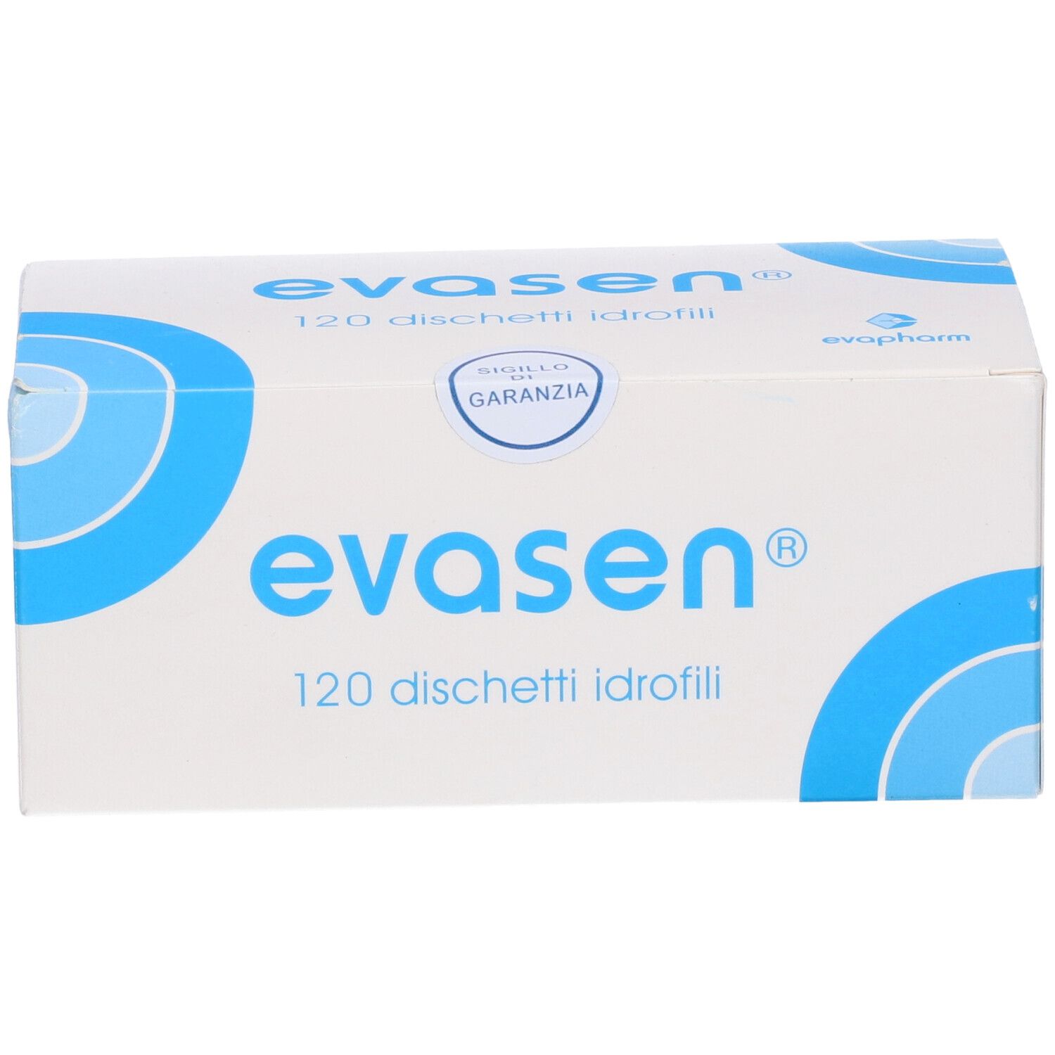 Scatola bianca con design blu. Scritto "evasen" e "120 dischetti idrofili".