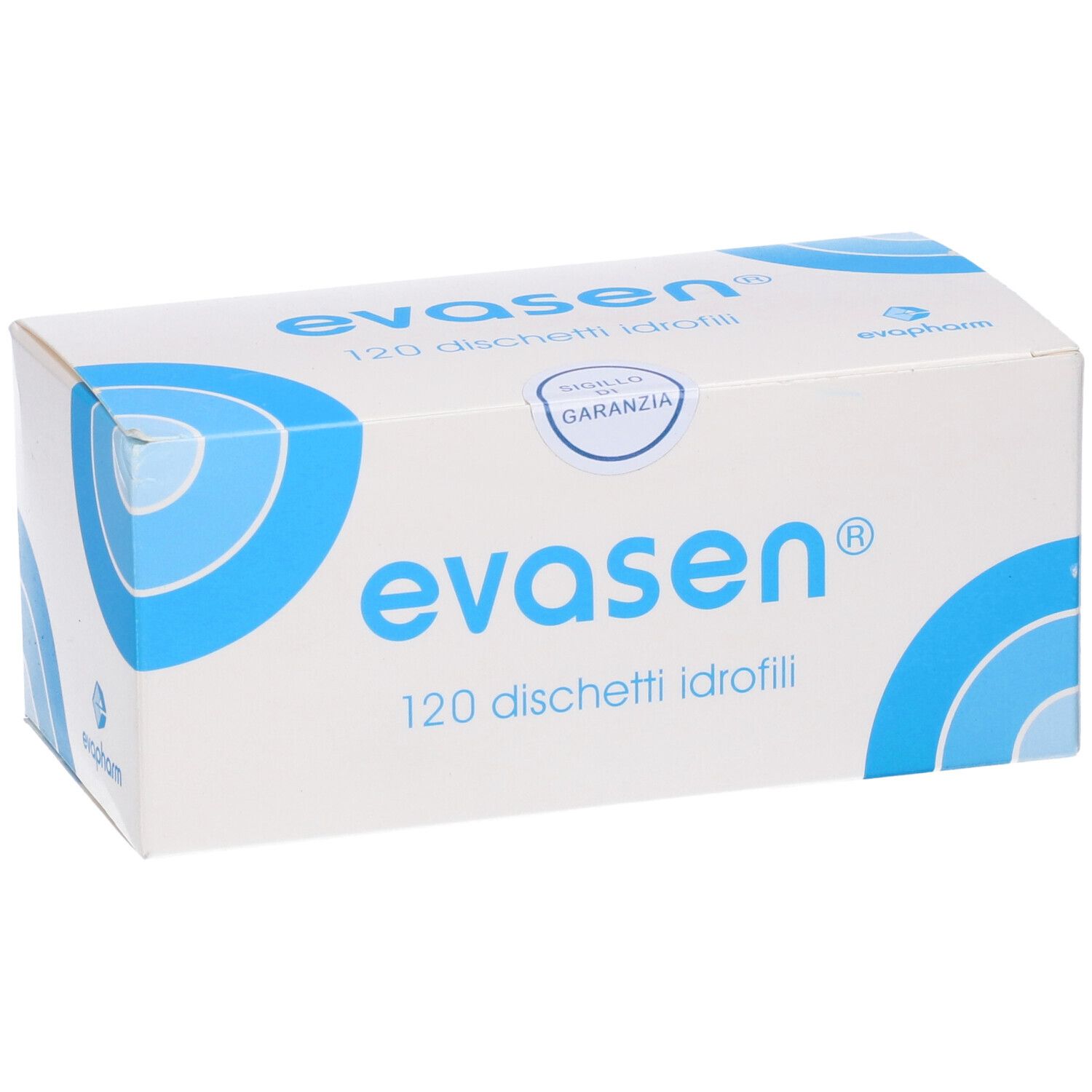Scatola bianca con design blu. Scritto "evasen" e "120 dischetti idrofili".