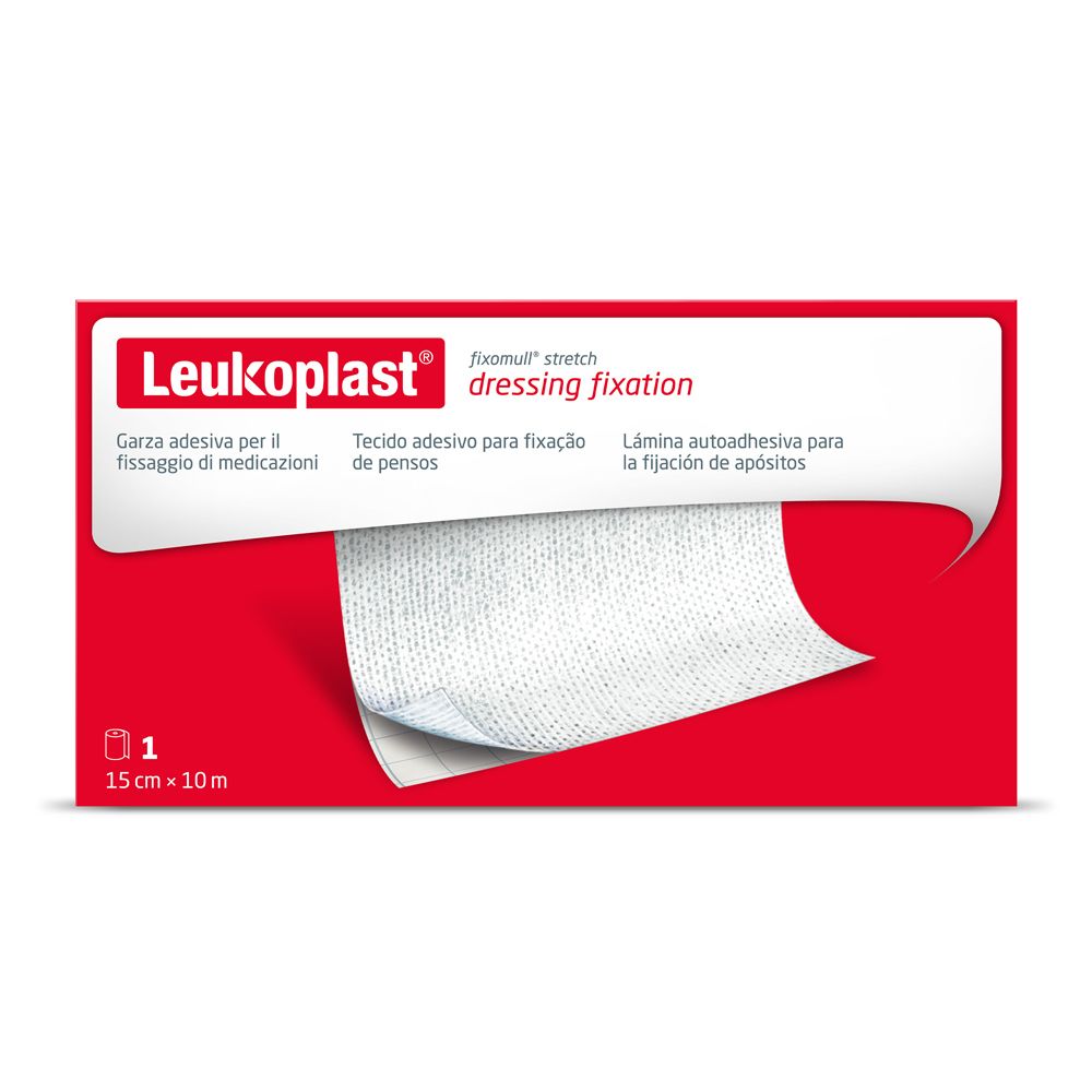 Fissaggio medicazioni Leukoplast®. Confezione rossa. 1 rotolo, 15 cm x 10 m.