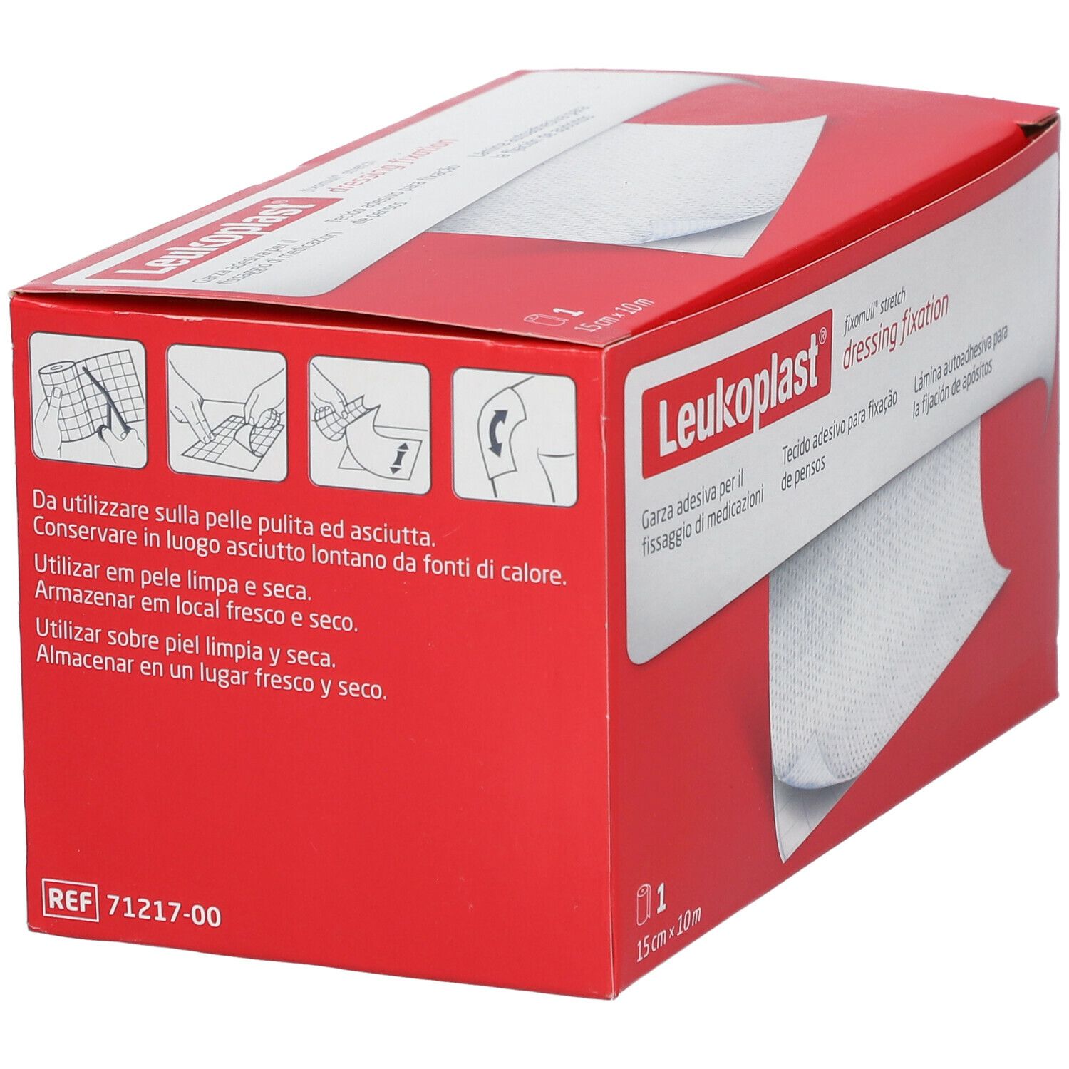 Confezione rossa di fissaggio medicazioni Leukoplast®. Istruzioni per l'uso.