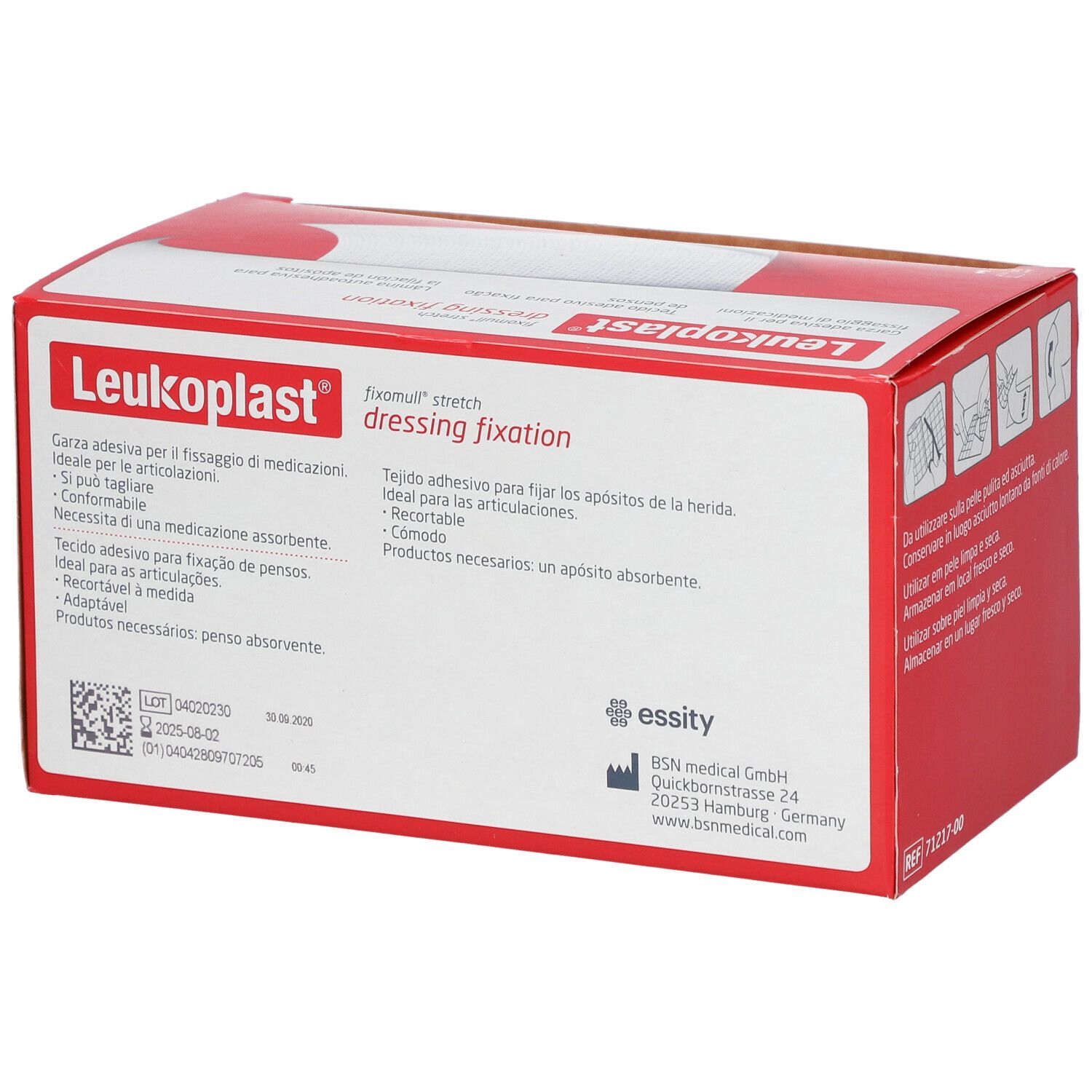 Confezione rossa di fissaggio medicazioni Leukoplast®. Informazioni e istruzioni.