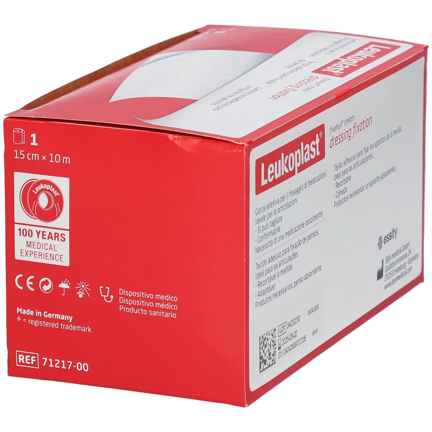 Fissaggio medicazioni Leukoplast® in confezione rossa. 1 rotolo, 15 cm x 10 m. Dispositivo medico.