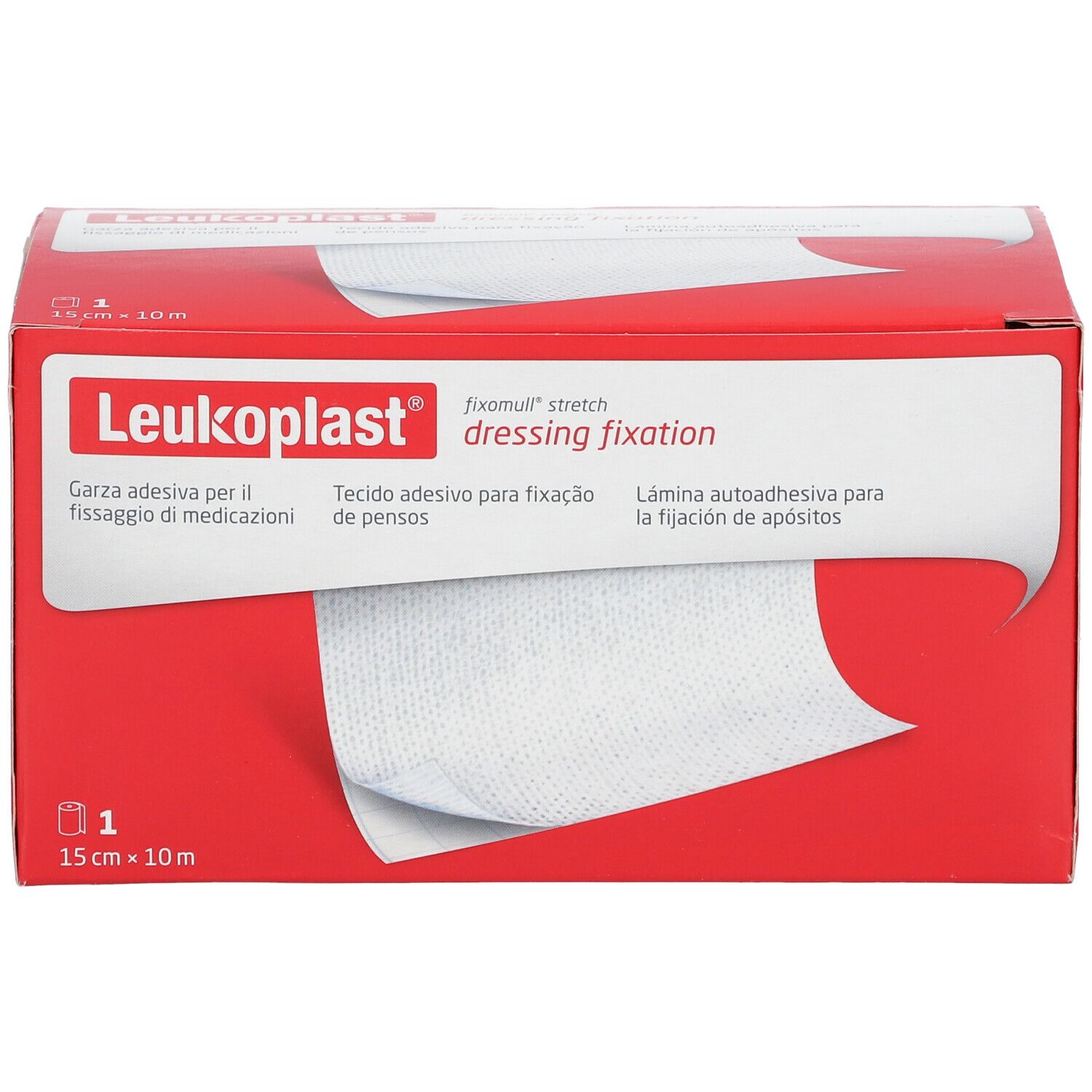 Fissaggio medicazioni Leukoplast®. Confezione rossa. 1 rotolo, 15 cm x 10 m.