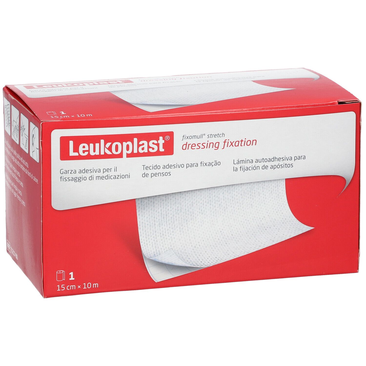 Fissaggio medicazioni Leukoplast® in confezione rossa. 1 rotolo, 15 cm x 10 m.