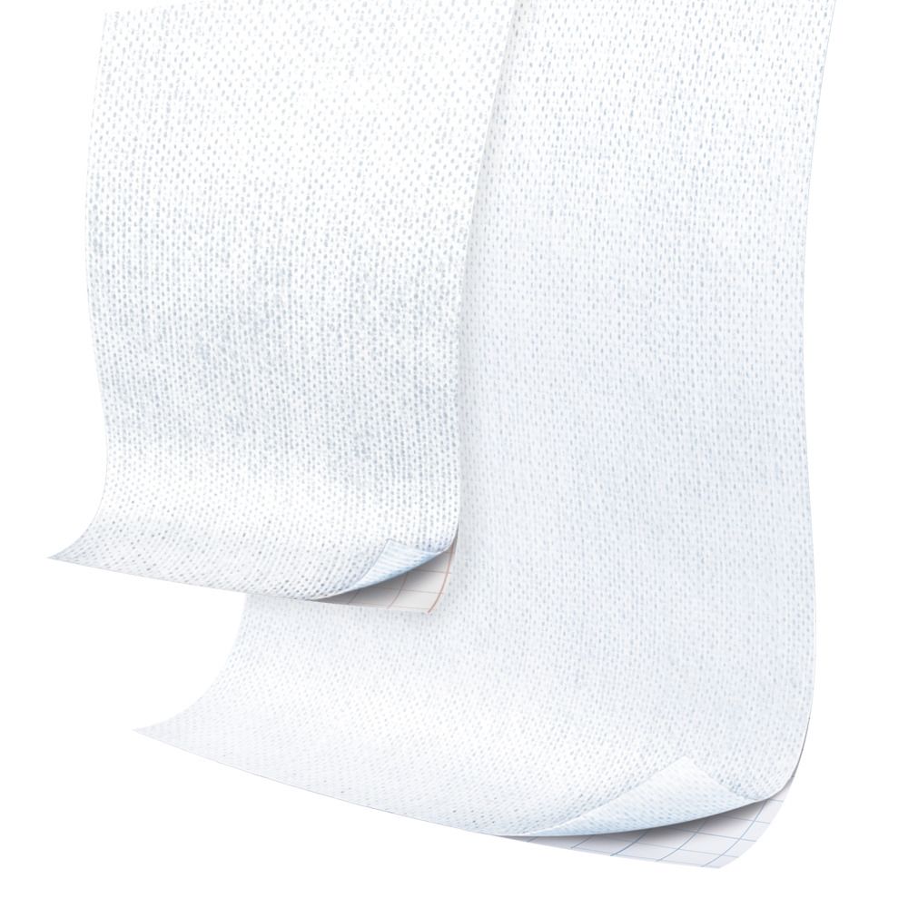 Weißes, flexibles Fixiermaterial. Strukturierte Oberfläche, leicht gewellt. Rückseite mit feinen Linien. Freigestellt.