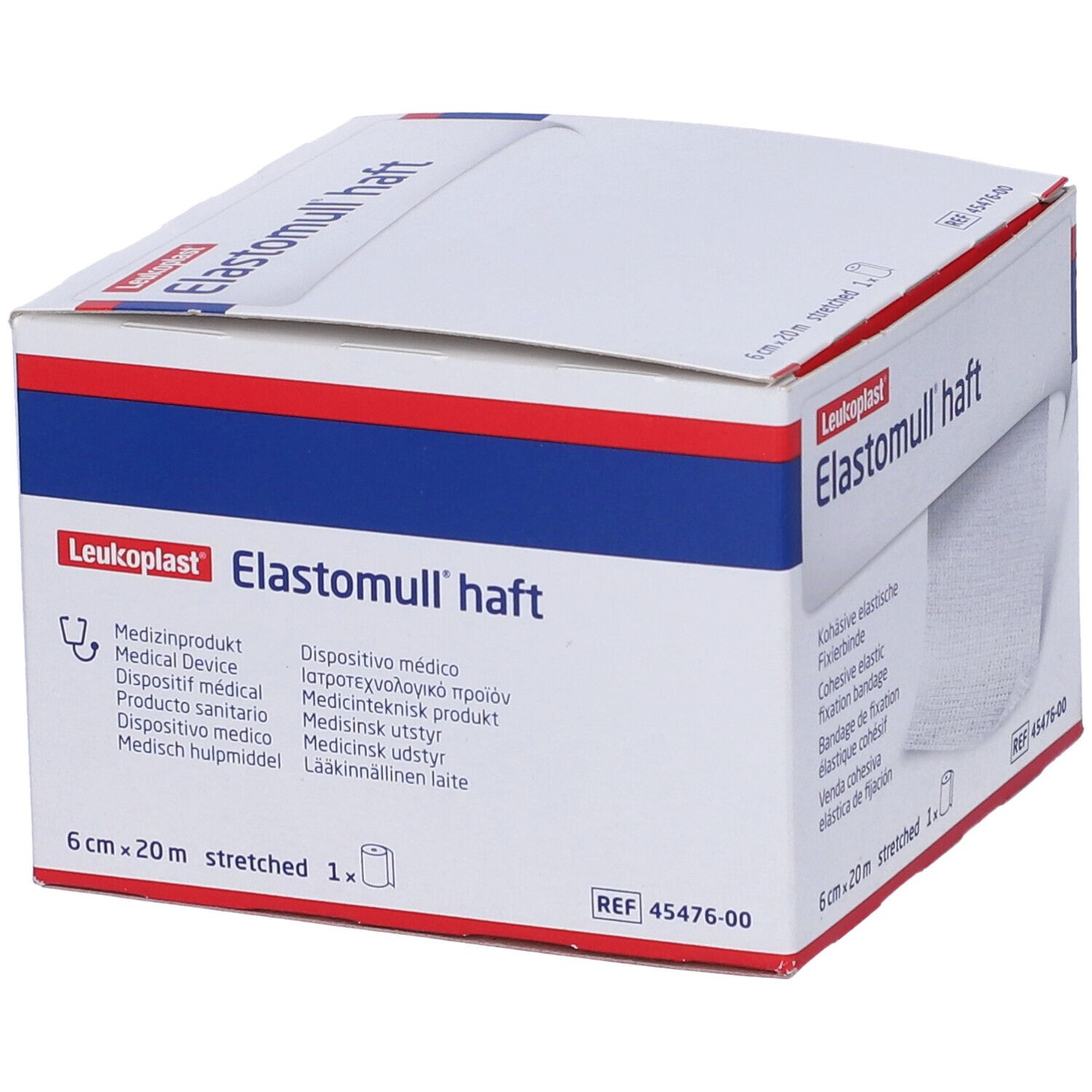 Confezione di benda di fissaggio Elastomull haft. 6 cm x 20 m. Logo Leukoplast. Simbolo di dispositivo medico.