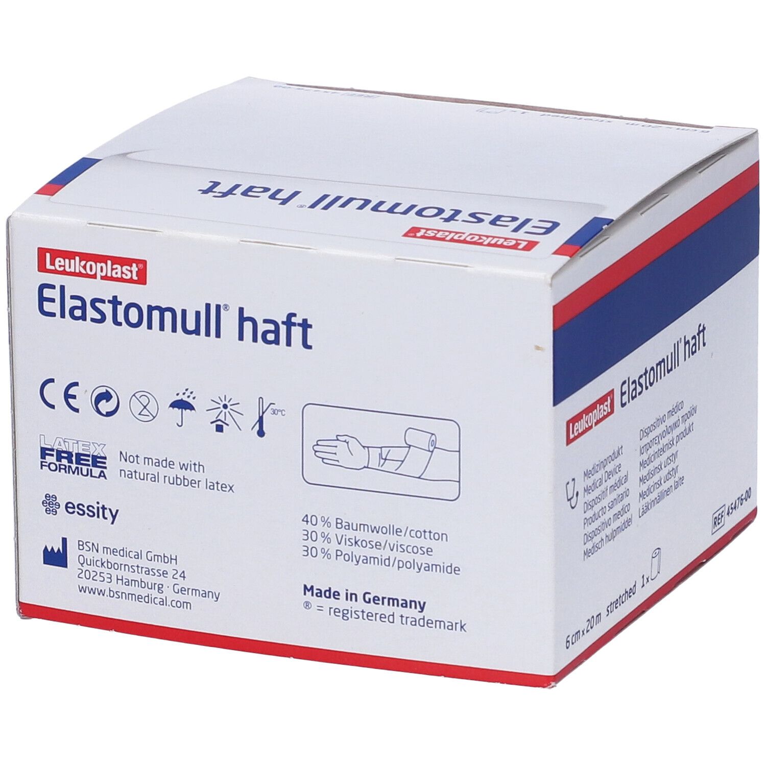 Confezione di benda di fissaggio Elastomull haft. 6 cm x 20 m. Logo Leukoplast. Marchio CE. Composizione.