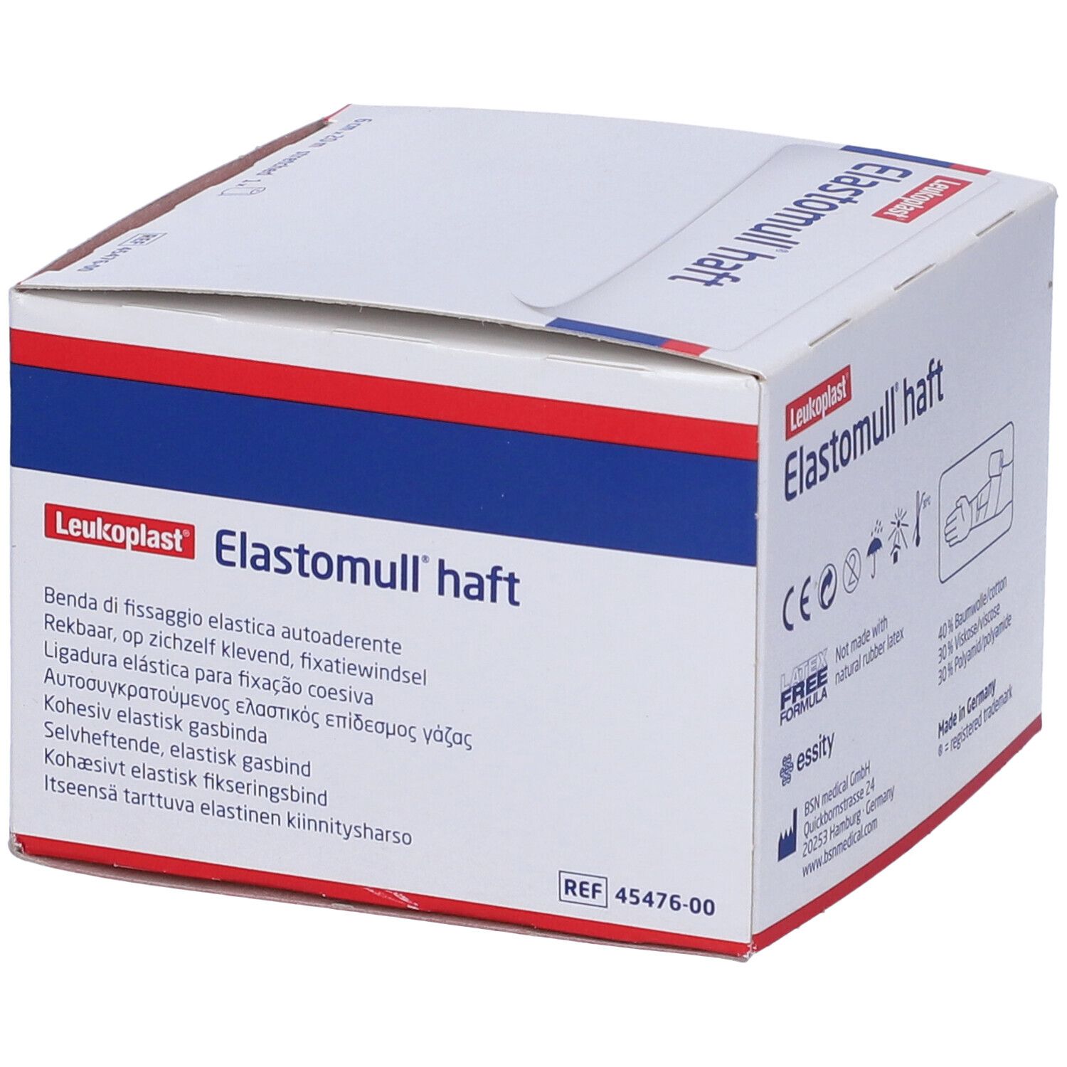 Confezione di benda di fissaggio Elastomull haft. 6 cm x 20 m. Logo Leukoplast. Descrizioni multilingue del prodotto.
